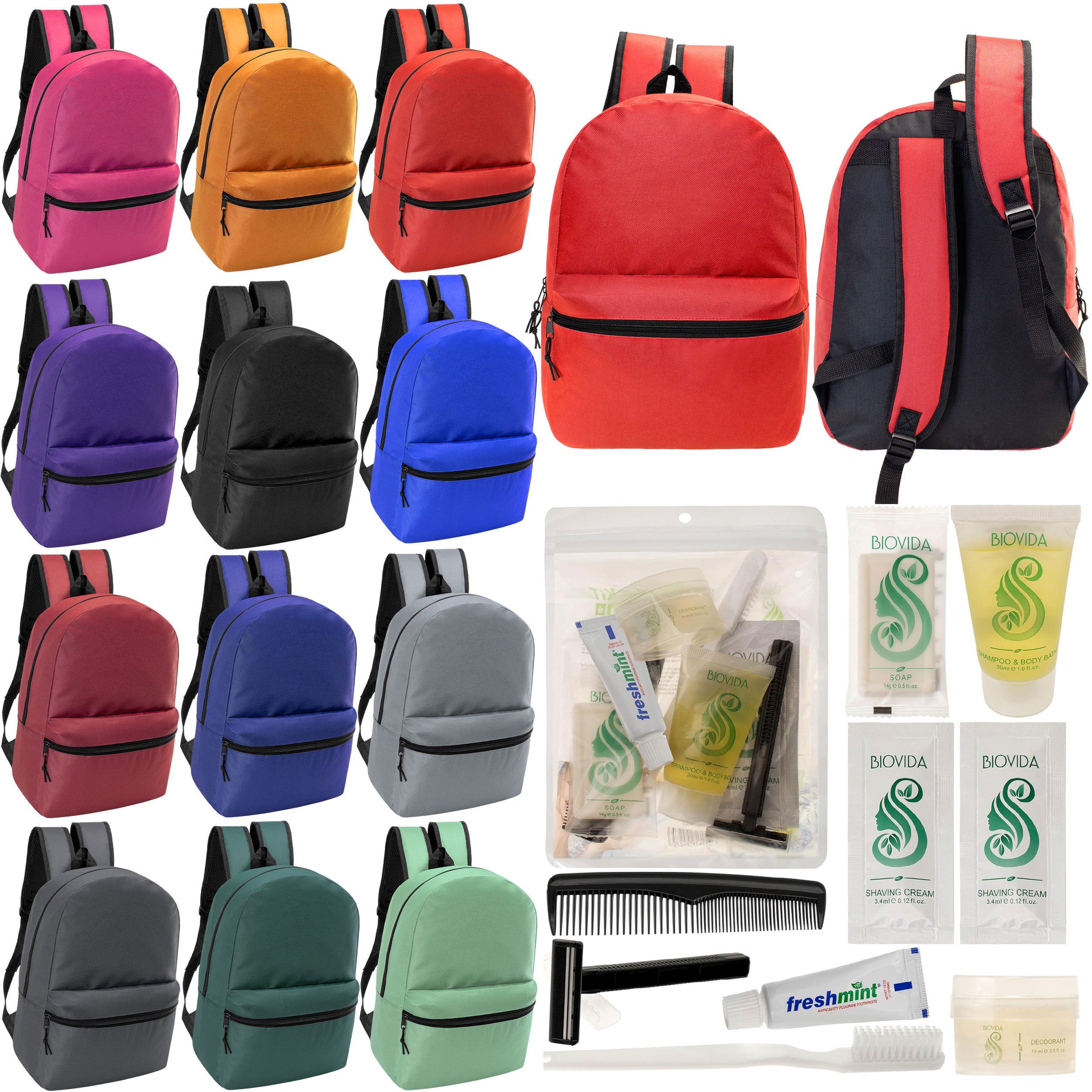 12 Basic 18.5" Backpacks in 12 Assorted Colors & Your Choice of 12 Bulk Hygiene Kits - Wholesale Care Package: Homeless, Emergency, Charity