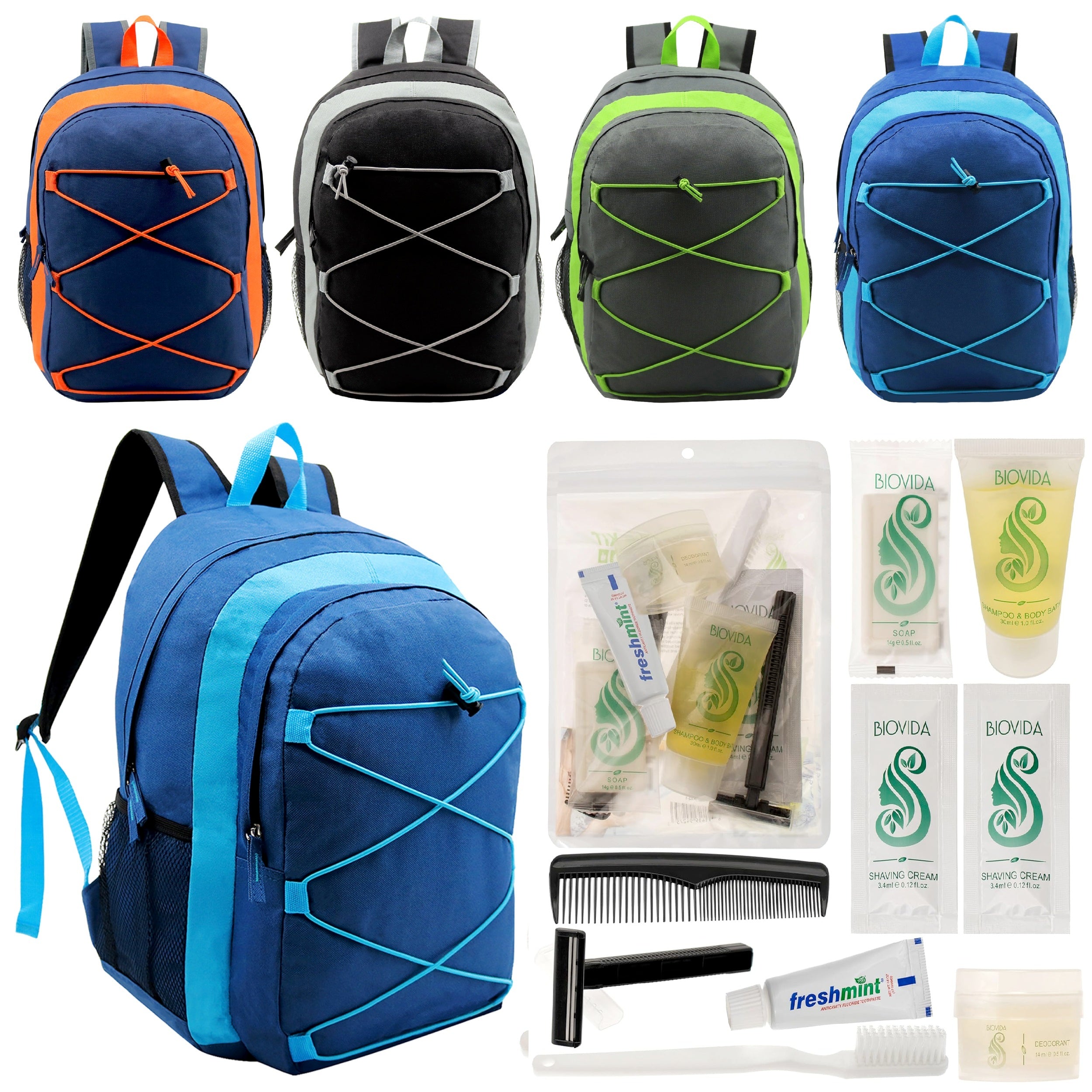 12 Multi-Color 17" Premium Bungee Backpacks in 4 Colors & Your Choice of 12 Bulk Hygiene Kits - Wholesale Care Package: Homeless, Emergency, Charity