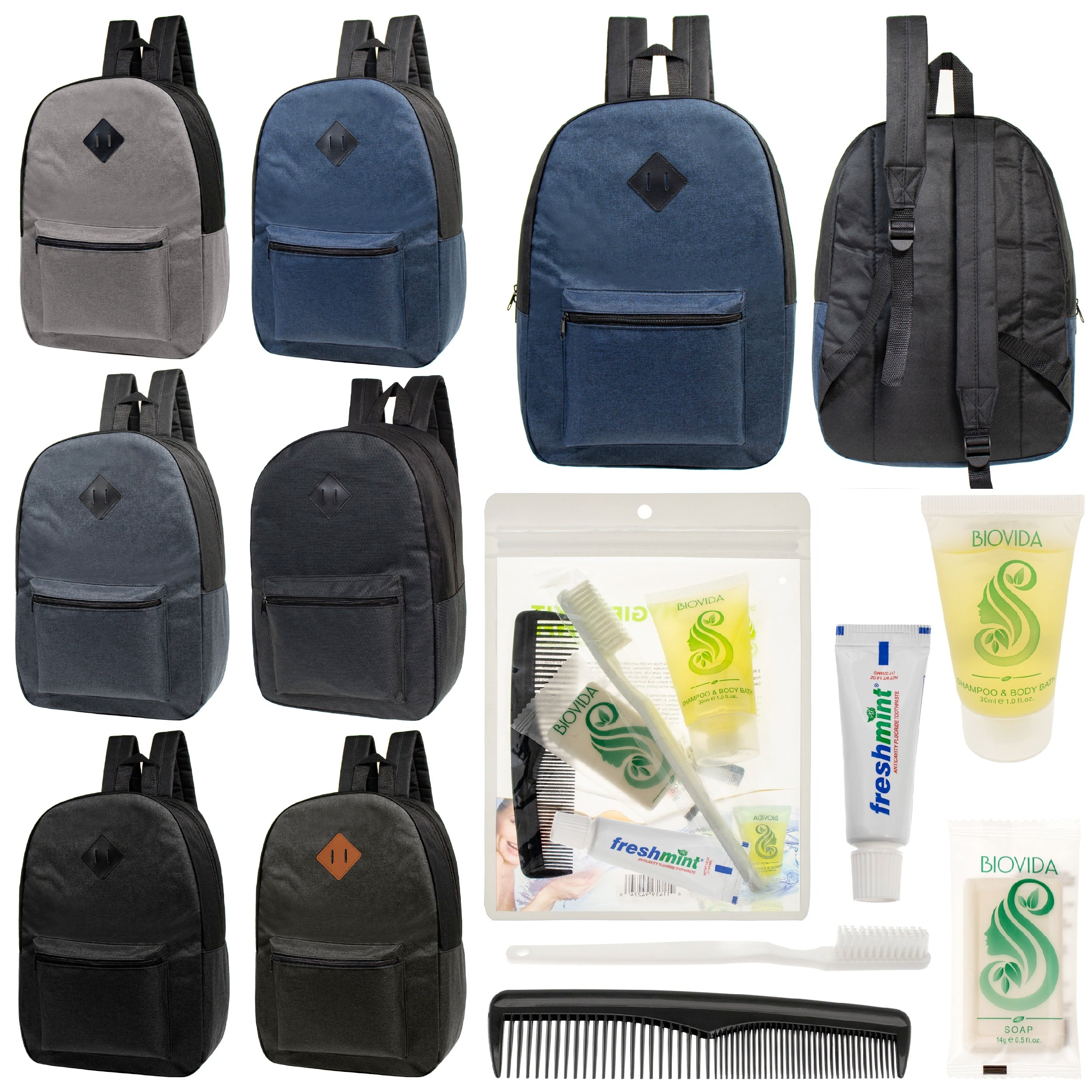 12 Basic Diamond Patch 17" Backpacks in 6 Colors & Your Choice of 12 Bulk Hygiene Kits - Wholesale Care Package: Homeless, Emergency, Charity