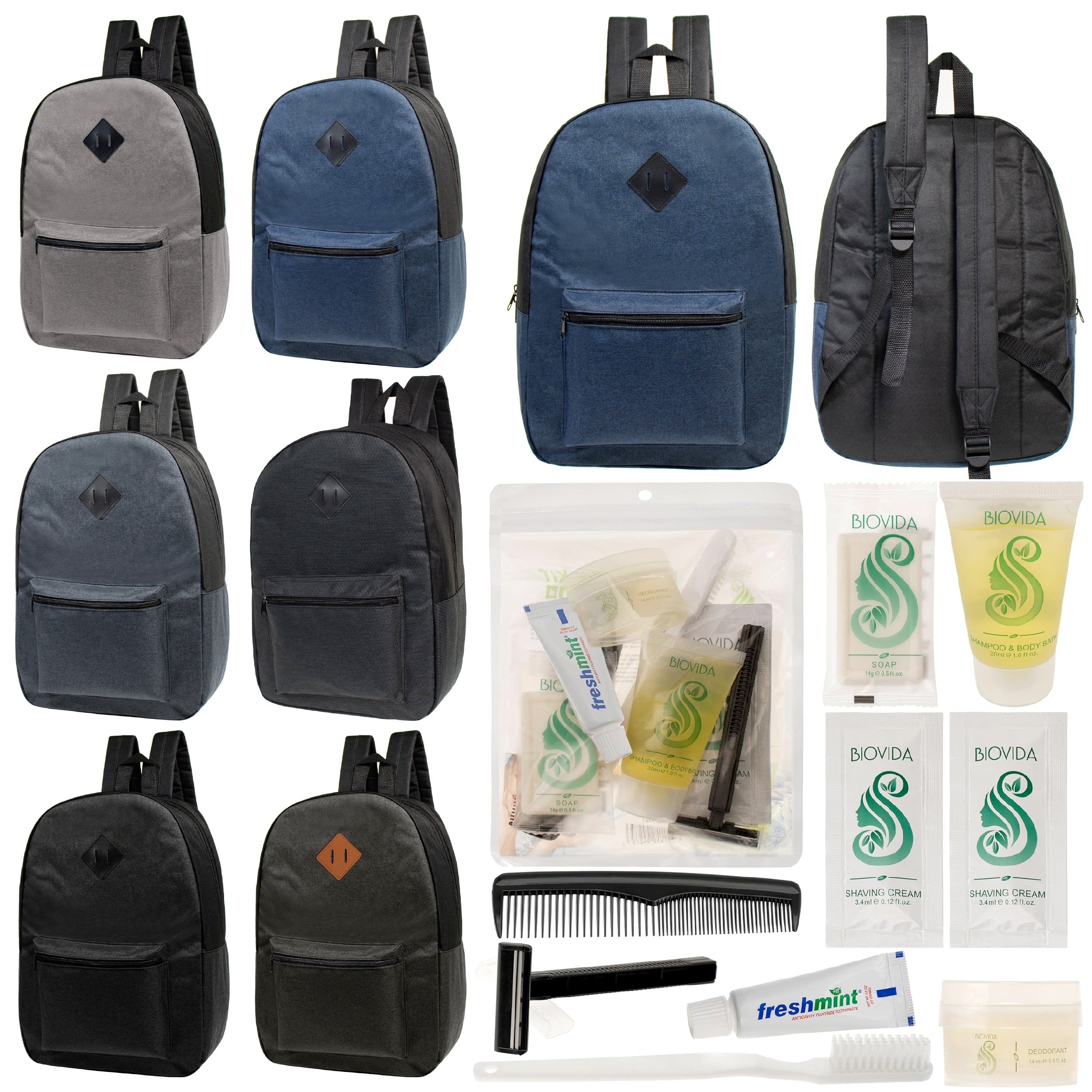 12 Basic Diamond Patch 17" Backpacks in 6 Colors & Your Choice of 12 Bulk Hygiene Kits - Wholesale Care Package: Homeless, Emergency, Charity