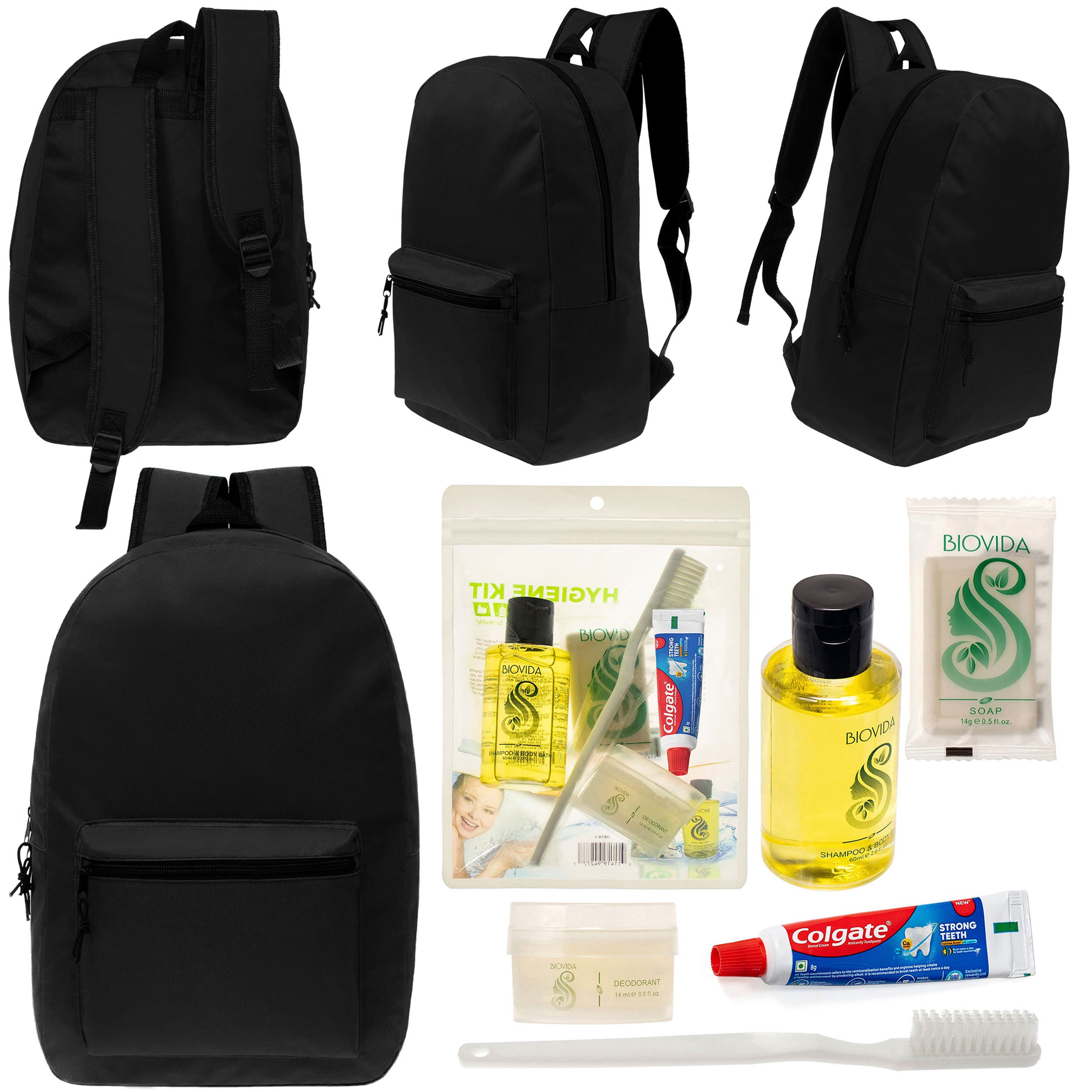 12 Black 17" Classic Backpacks & Your Choice of 12 Bulk Hygiene Kits - Wholesale Care Package: Homeless, Emergency, Charity