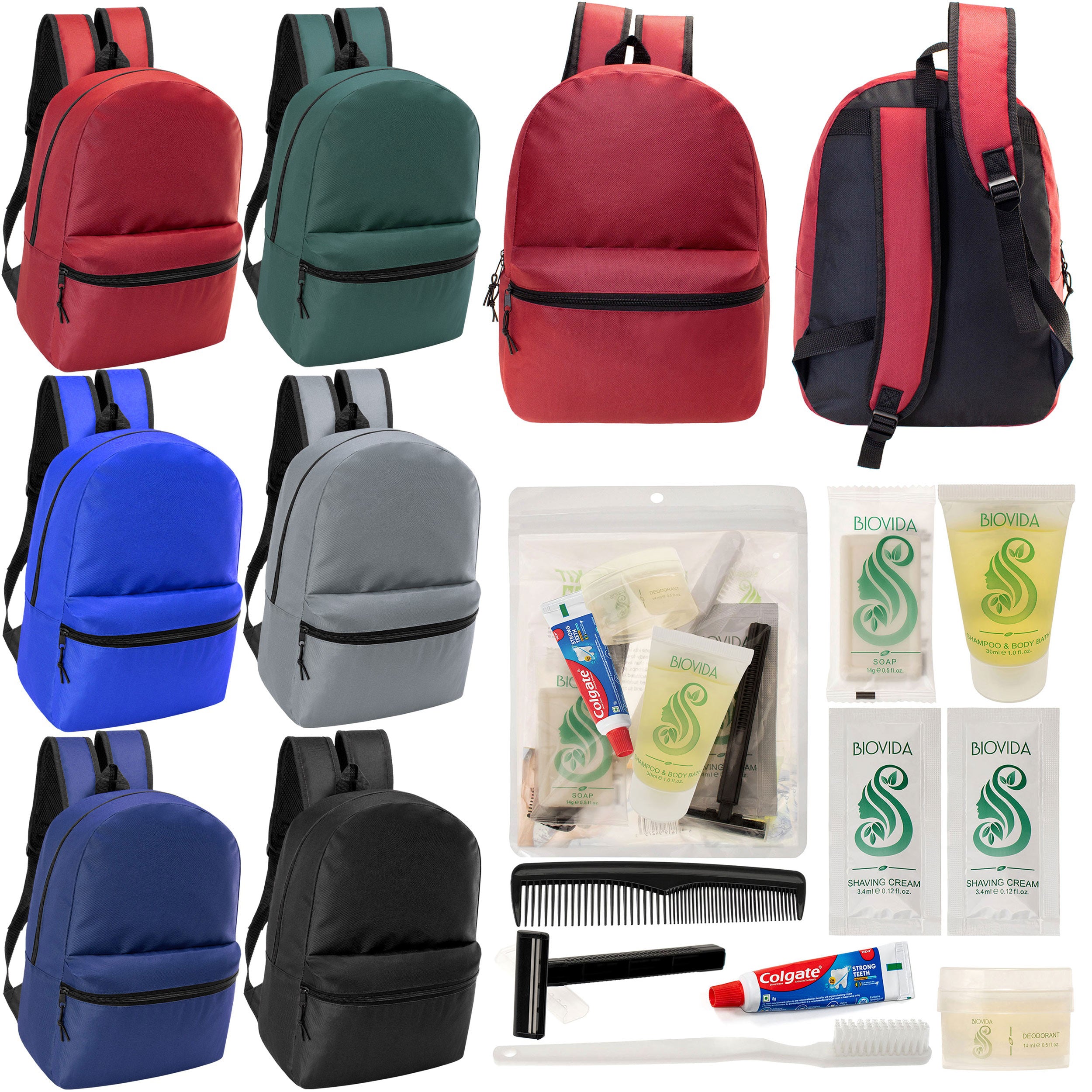 12 17" Classic Backpacks in 6 Assorted Colors & Your Choice of 12 Bulk Hygiene Kits - Wholesale Care Package: Homeless, Emergency, Charity