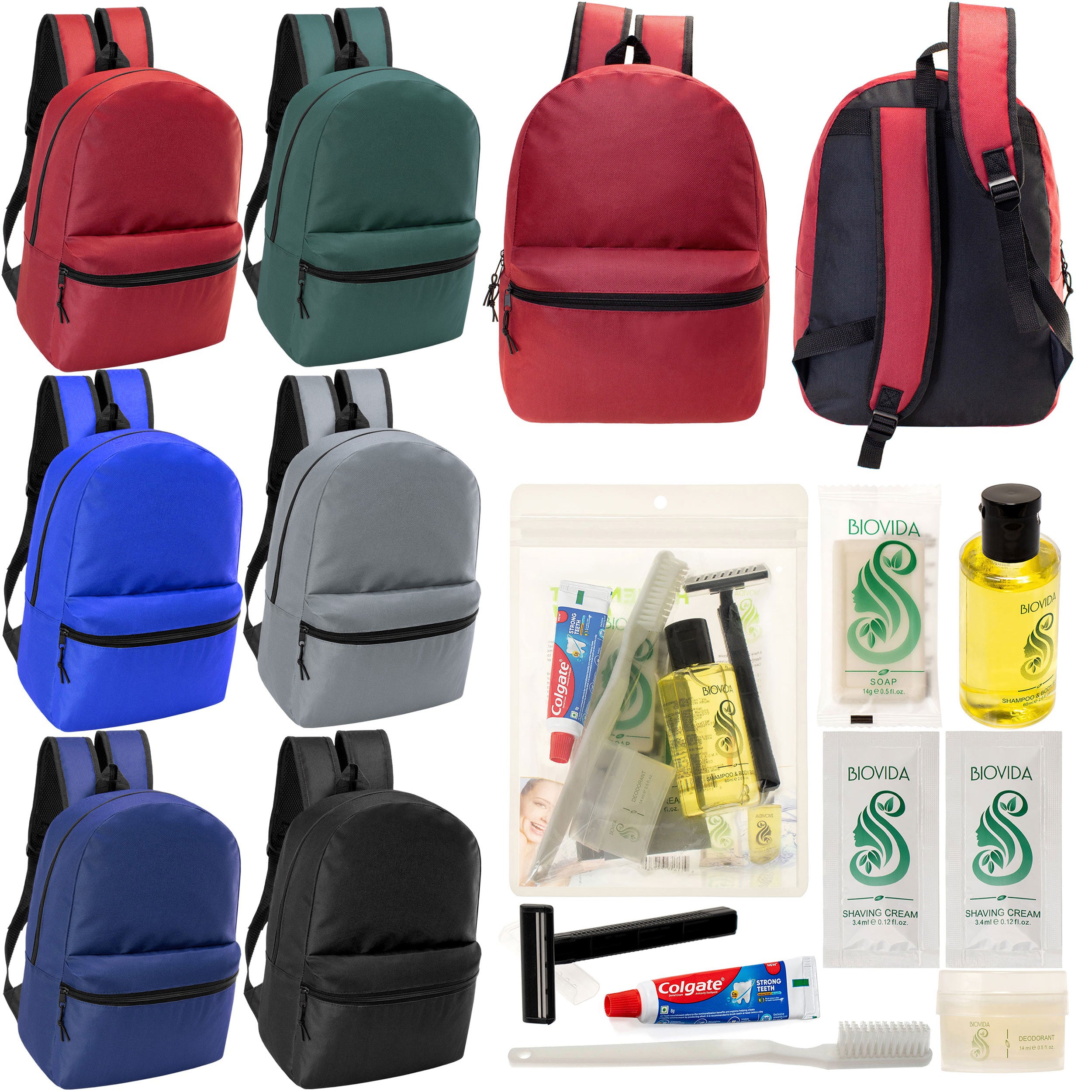 12 17" Classic Backpacks in 6 Assorted Colors & Your Choice of 12 Bulk Hygiene Kits - Wholesale Care Package: Homeless, Emergency, Charity