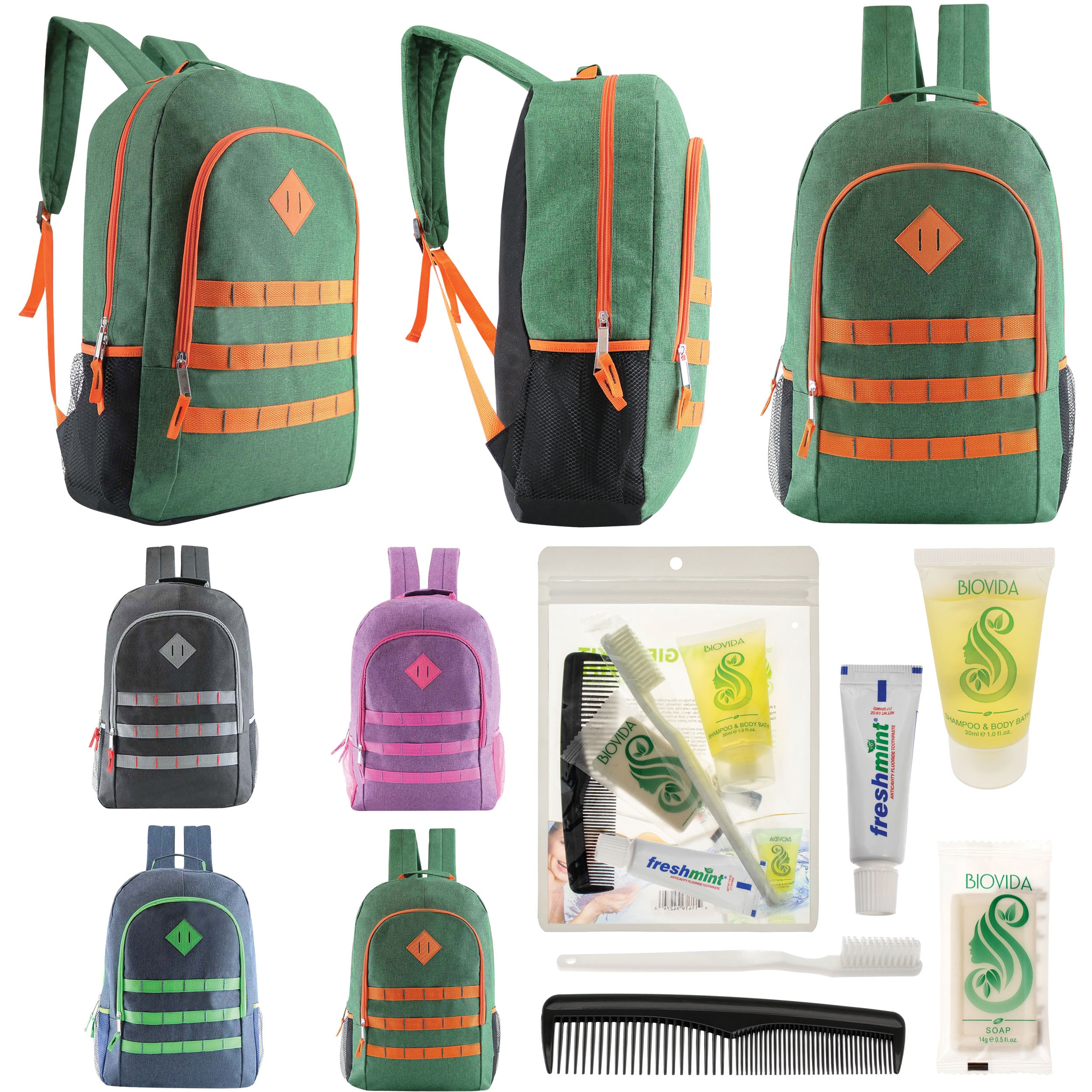 12 Deluxe 19" Backpacks in 4 Colors & Your Choice of 12 Bulk Hygiene Kits - Wholesale Care Package: Homeless, Emergency, Charity