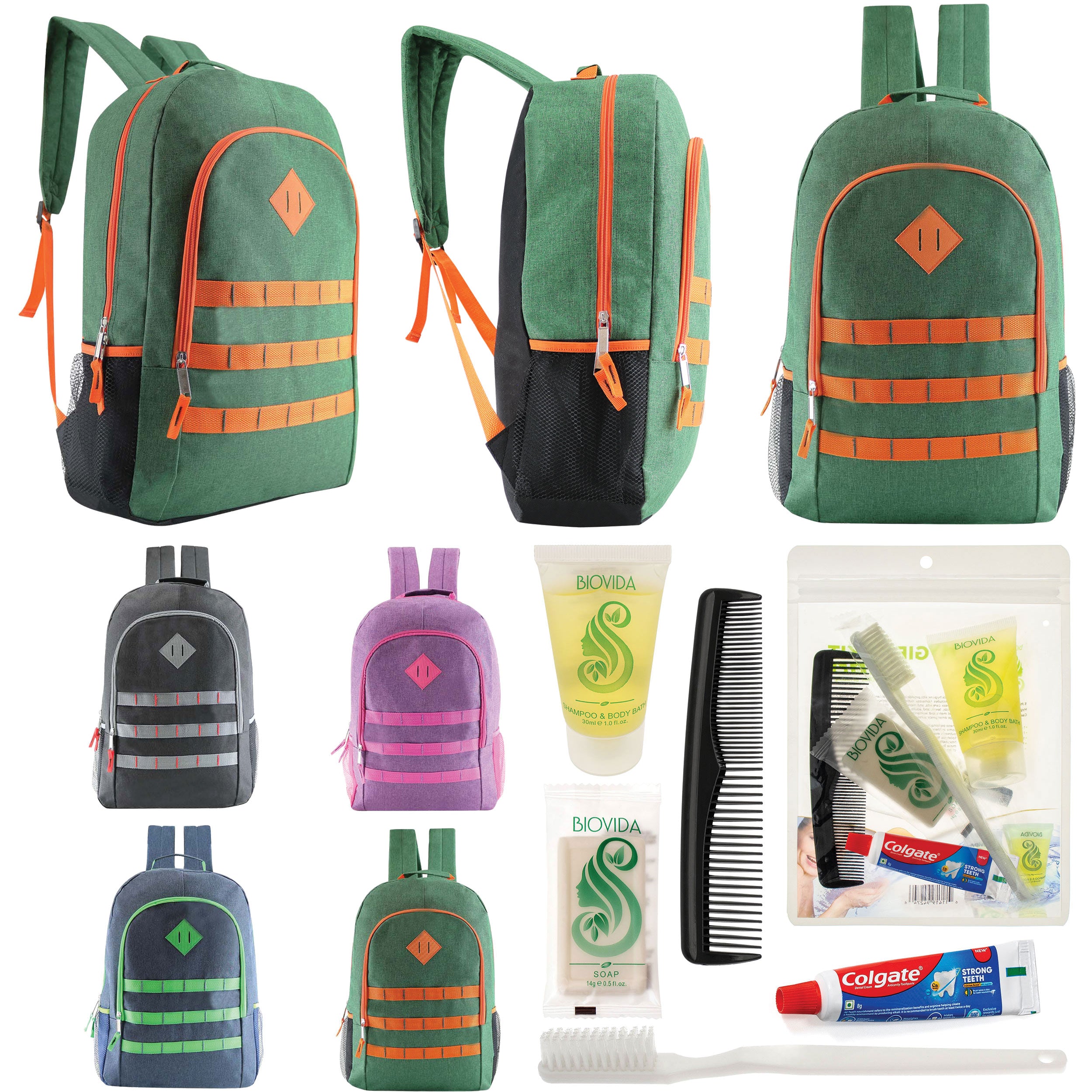 12 Deluxe 19" Backpacks in 4 Colors & Your Choice of 12 Bulk Hygiene Kits - Wholesale Care Package: Homeless, Emergency, Charity