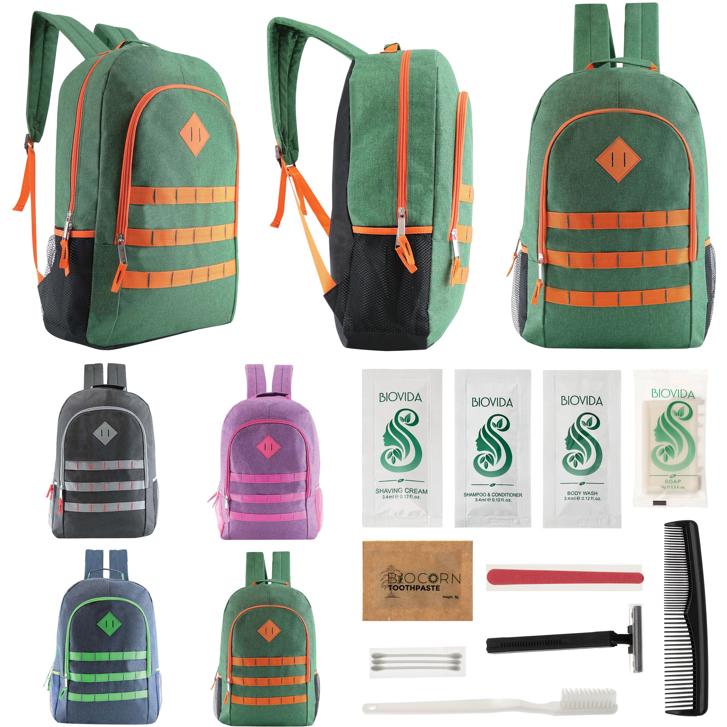 12 Deluxe 19" Backpacks in 4 Colors & Your Choice of 12 Bulk Hygiene Kits - Wholesale Care Package: Homeless, Emergency, Charity