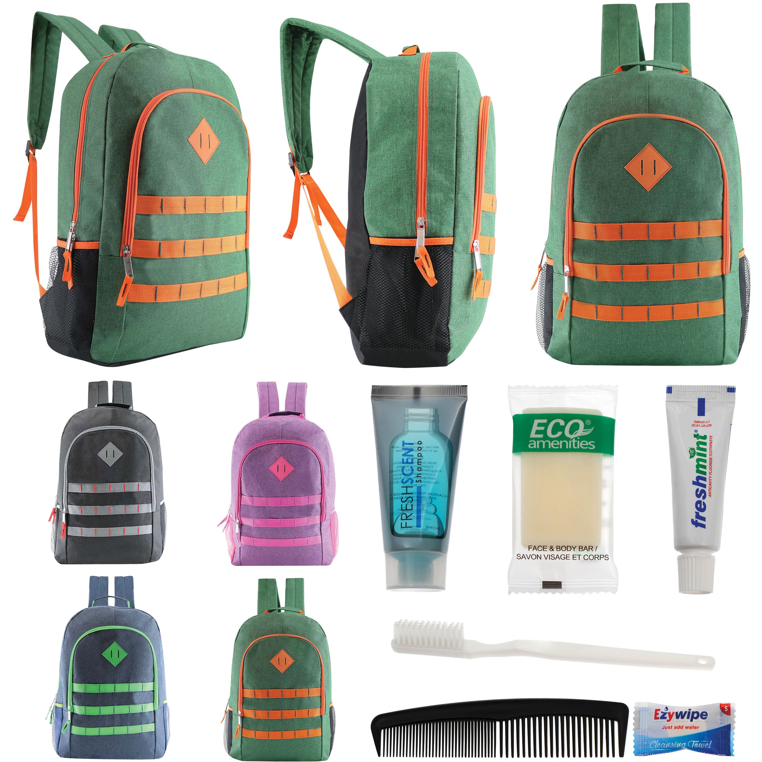 12 Deluxe 19" Backpacks in 4 Colors & Your Choice of 12 Bulk Hygiene Kits - Wholesale Care Package: Homeless, Emergency, Charity