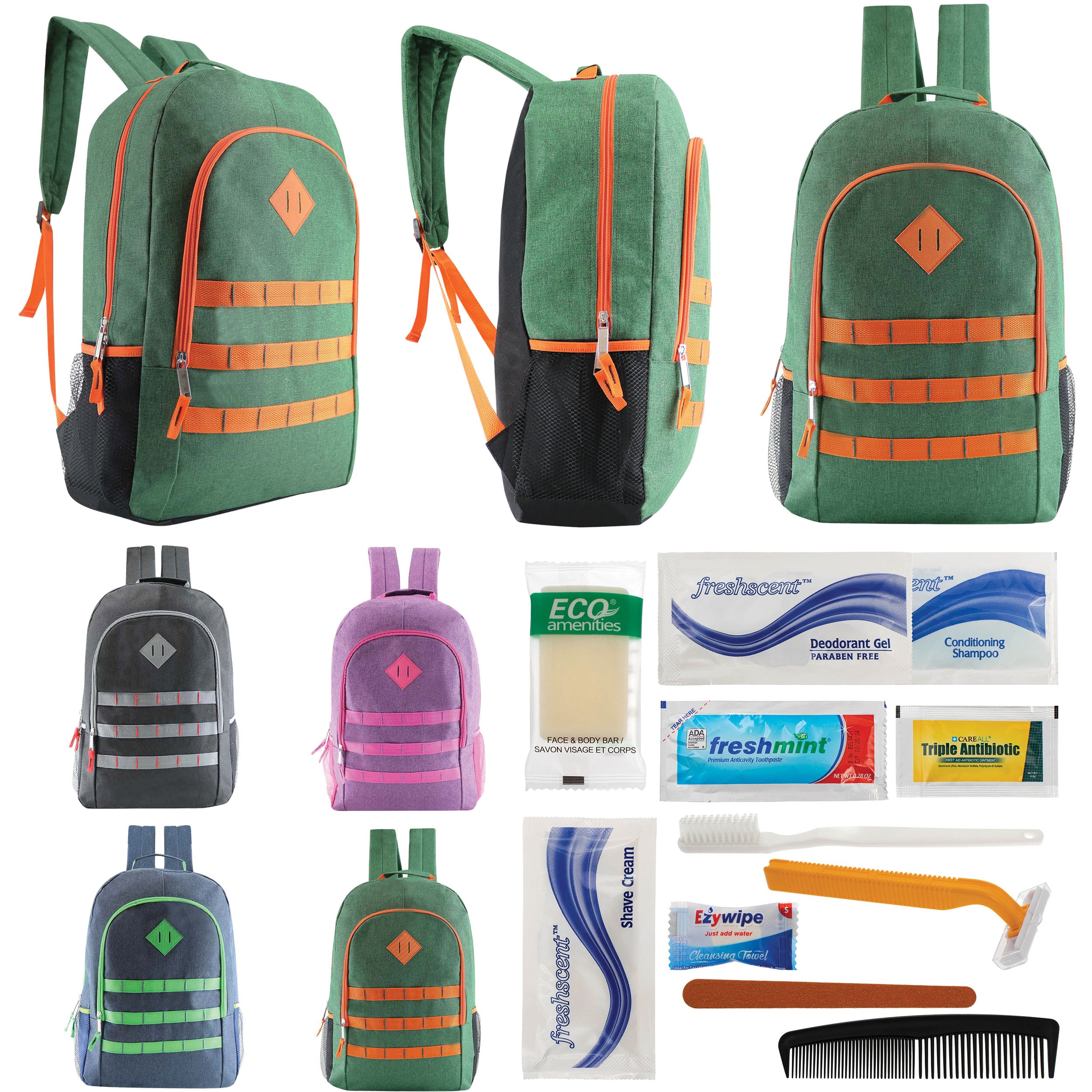 12 Deluxe 19" Backpacks in 4 Colors & Your Choice of 12 Bulk Hygiene Kits - Wholesale Care Package: Homeless, Emergency, Charity