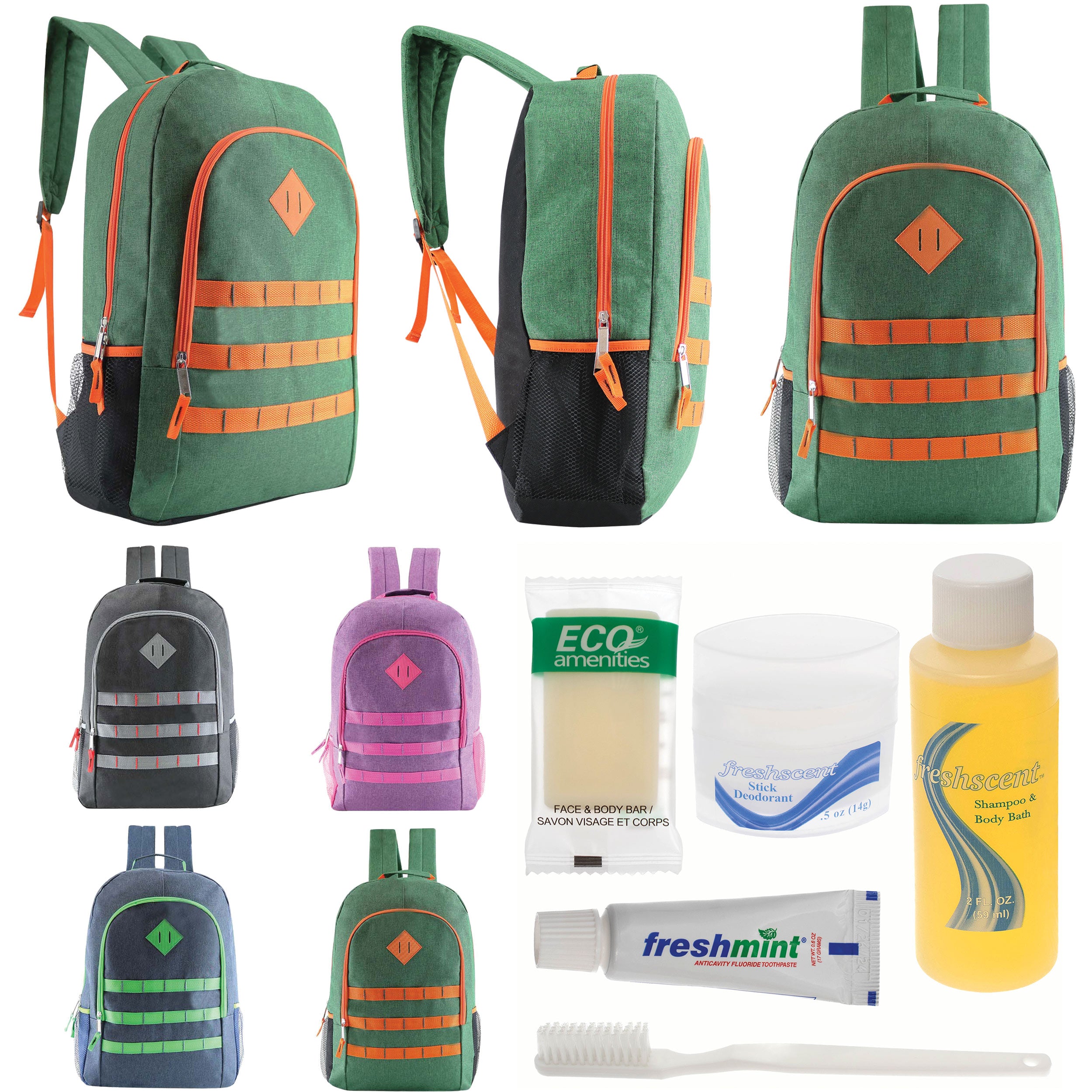 12 Deluxe 19" Backpacks in 4 Colors & Your Choice of 12 Bulk Hygiene Kits - Wholesale Care Package: Homeless, Emergency, Charity