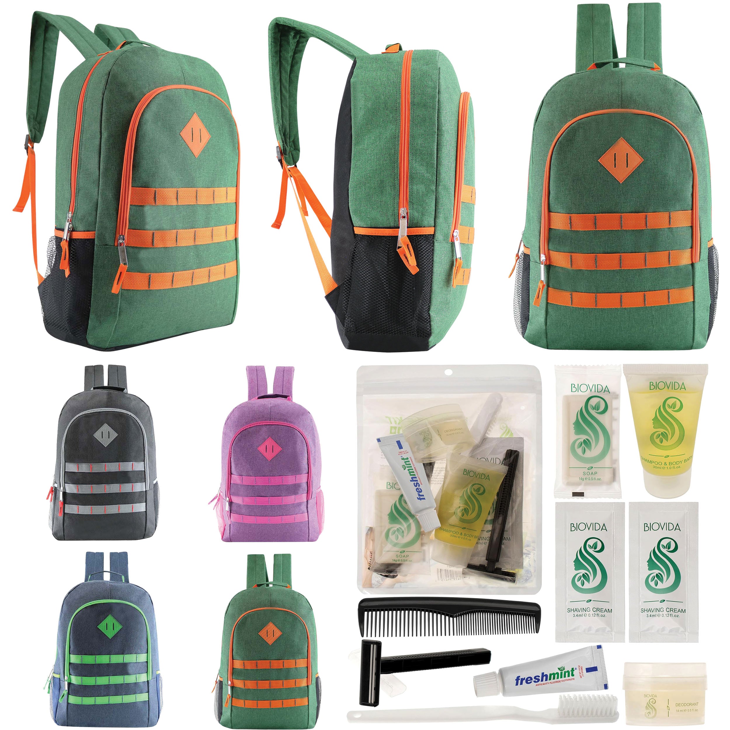 12 Deluxe 19" Backpacks in 4 Colors & Your Choice of 12 Bulk Hygiene Kits - Wholesale Care Package: Homeless, Emergency, Charity