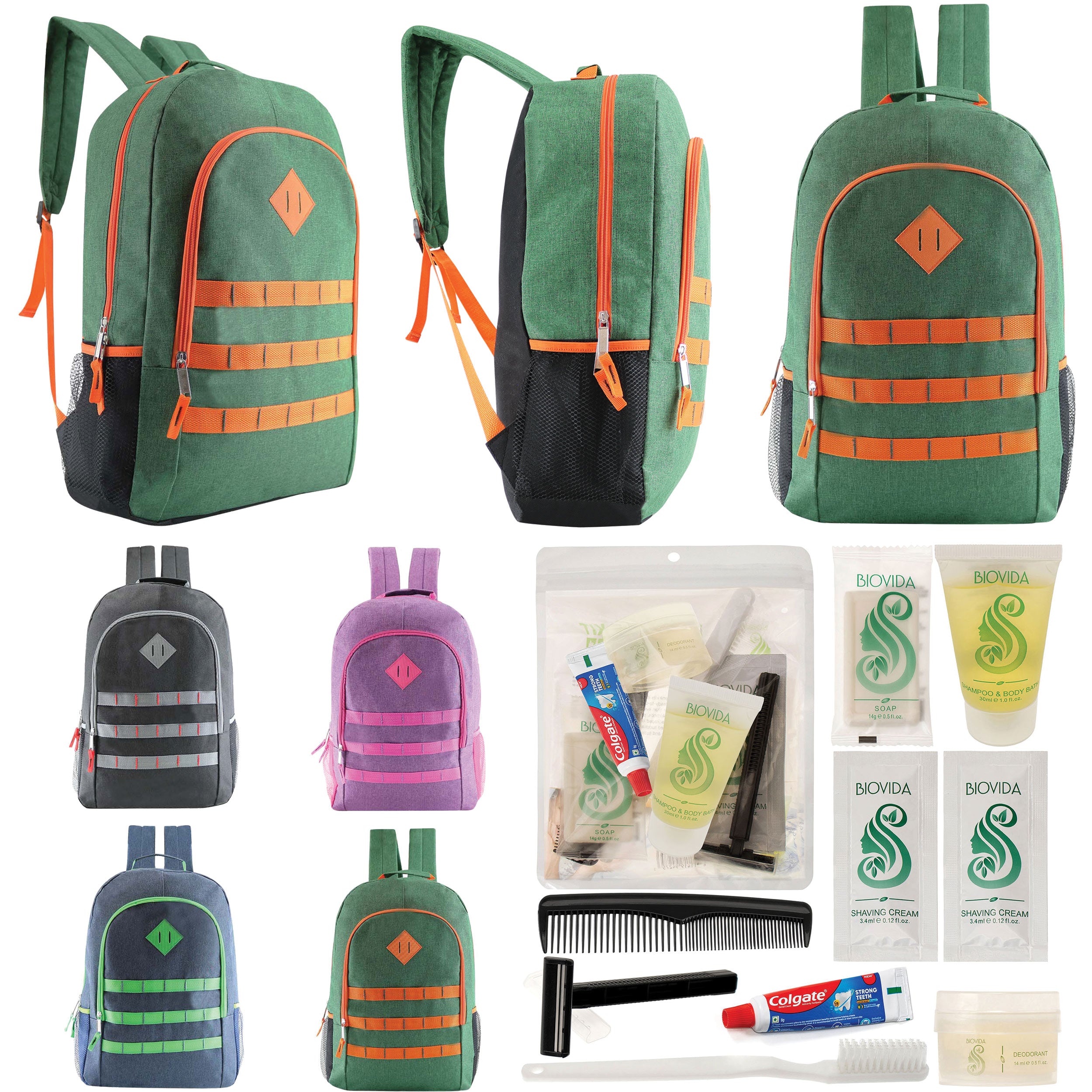 12 Deluxe 19" Backpacks in 4 Colors & Your Choice of 12 Bulk Hygiene Kits - Wholesale Care Package: Homeless, Emergency, Charity