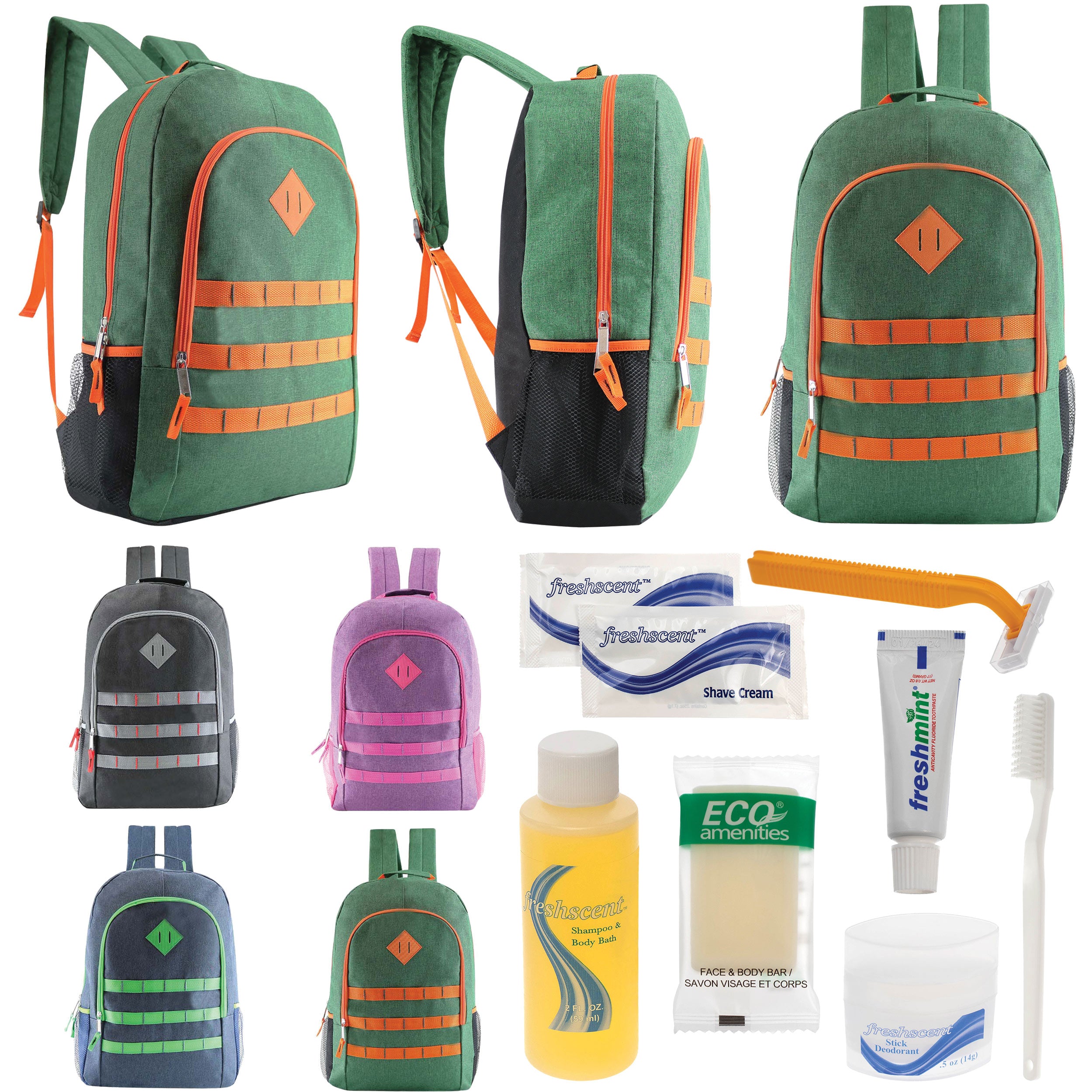 12 Deluxe 19" Backpacks in 4 Colors & Your Choice of 12 Bulk Hygiene Kits - Wholesale Care Package: Homeless, Emergency, Charity