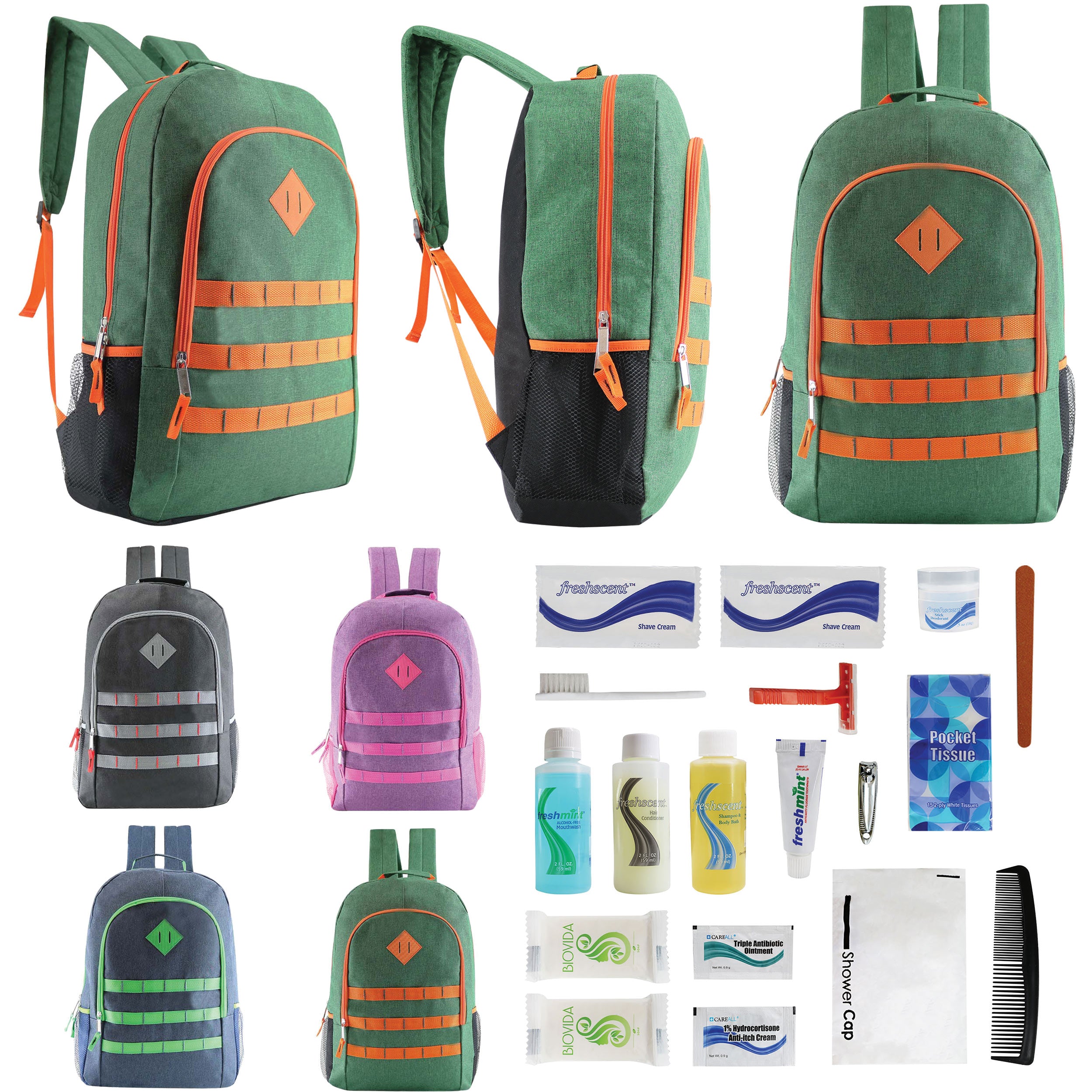 12 Deluxe 19" Backpacks in 4 Colors & Your Choice of 12 Bulk Hygiene Kits - Wholesale Care Package: Homeless, Emergency, Charity