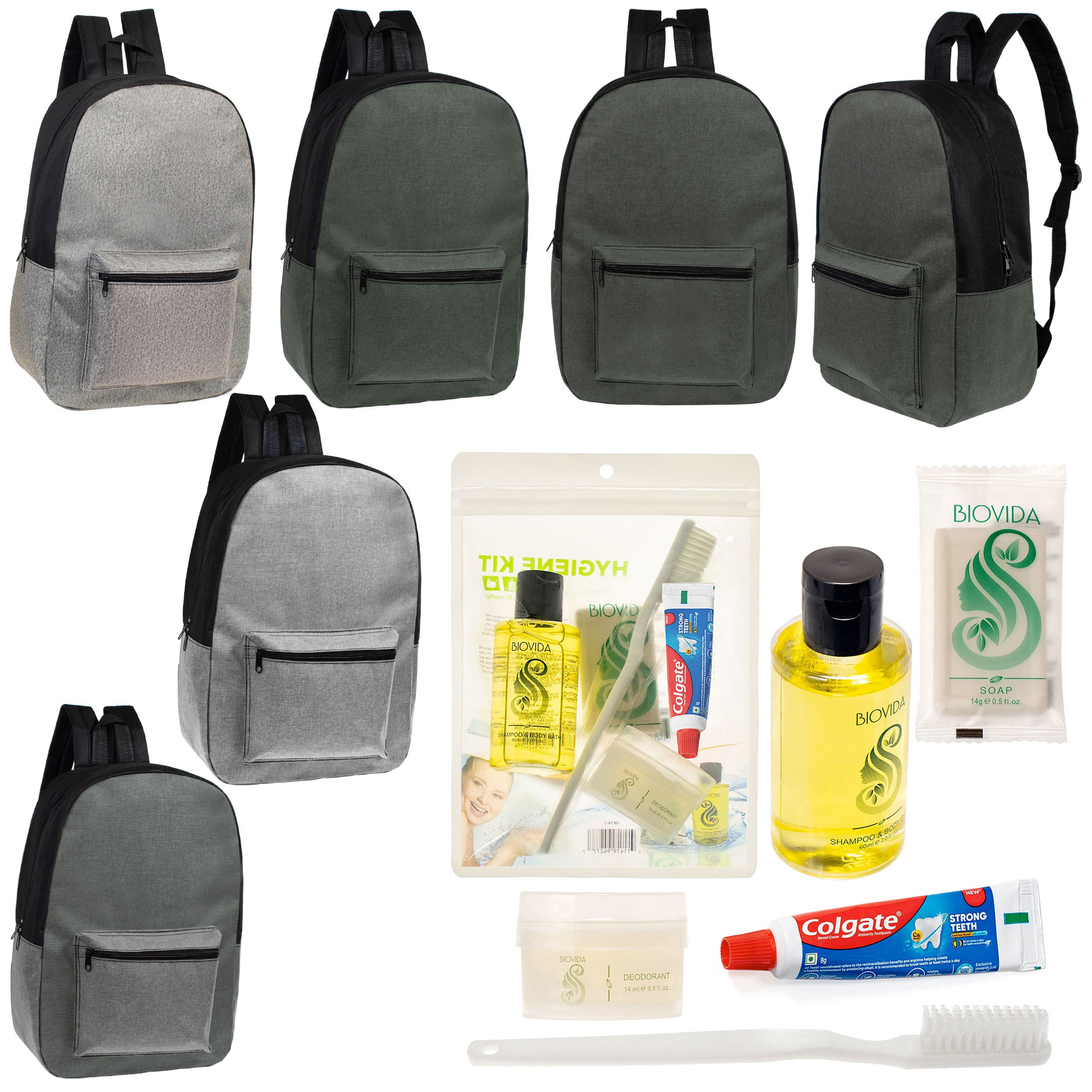 12 Basic Unisex 17" Backpacks in 4 Colors & Your Choice of 12 Bulk Hygiene Kits - Wholesale Care Package: Homeless, Emergency, Charity