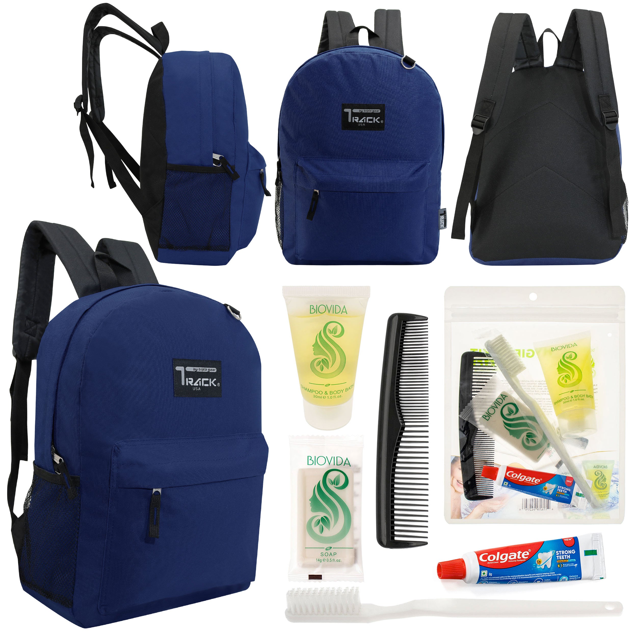12 Classic 17" Backpacks in Navy Blue & Your Choice of 12 Bulk Hygiene Kits - Wholesale Care Package: Homeless, Emergency, Charity