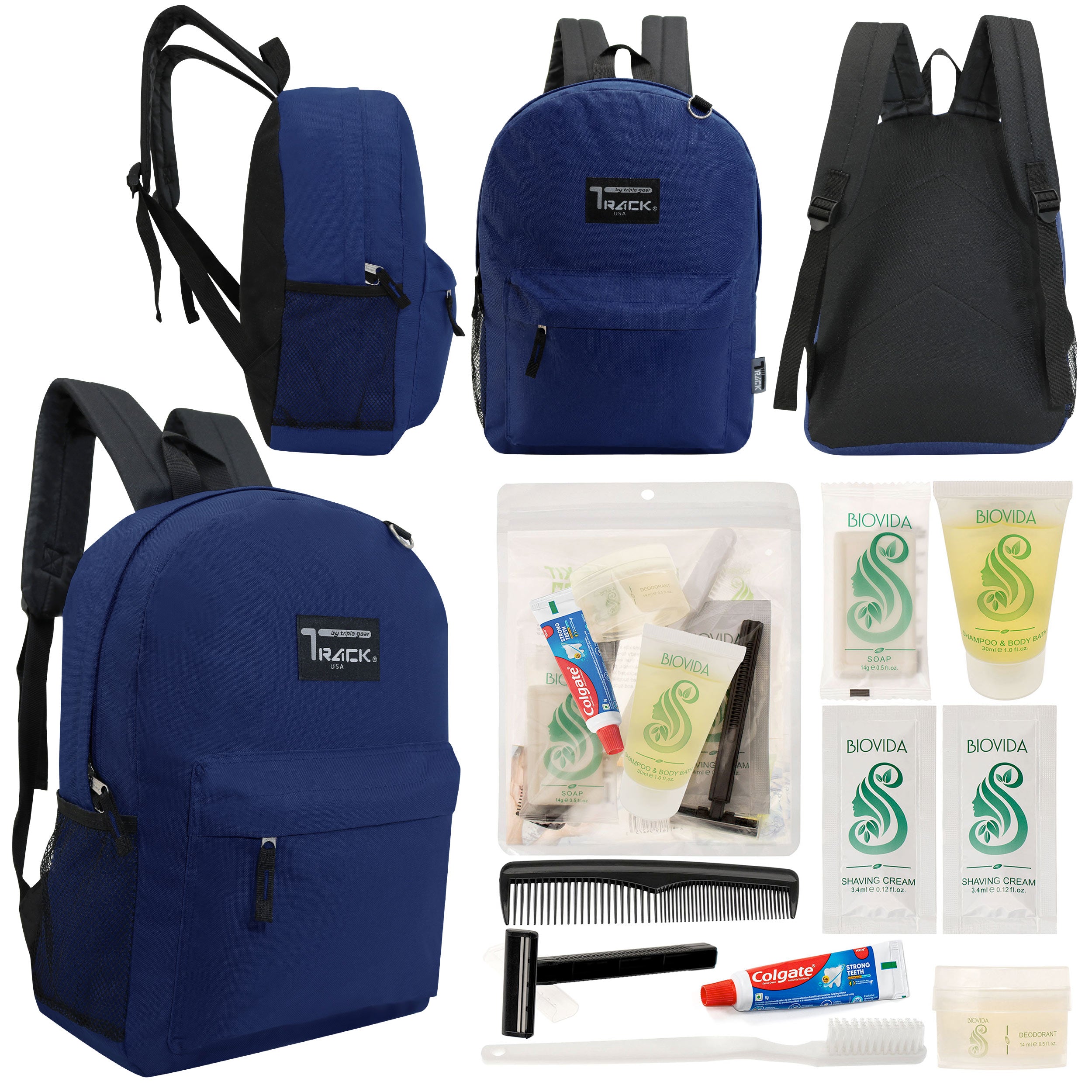 12 Classic 17" Backpacks in Navy Blue & Your Choice of 12 Bulk Hygiene Kits - Wholesale Care Package: Homeless, Emergency, Charity