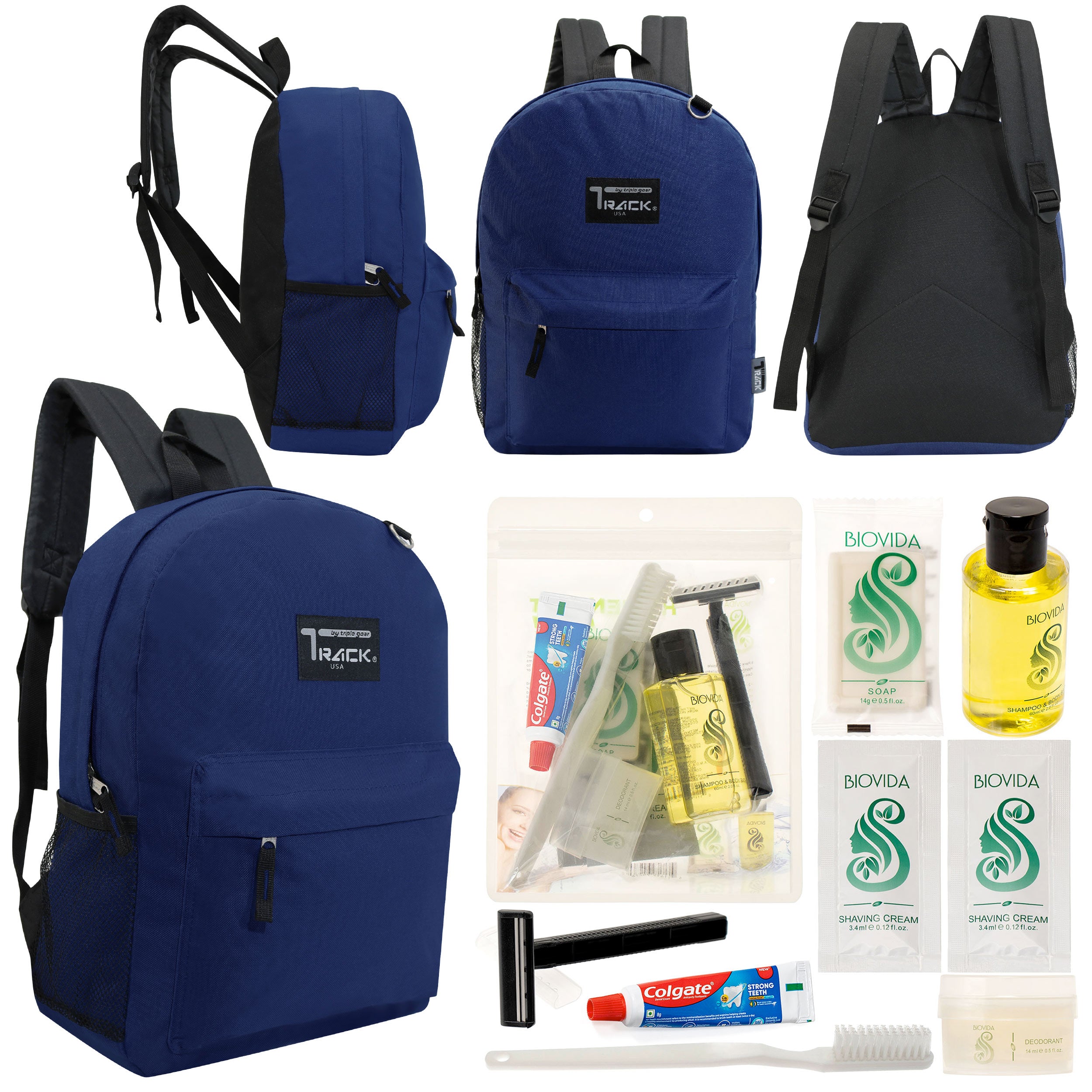 12 Classic 17" Backpacks in Navy Blue & Your Choice of 12 Bulk Hygiene Kits - Wholesale Care Package: Homeless, Emergency, Charity