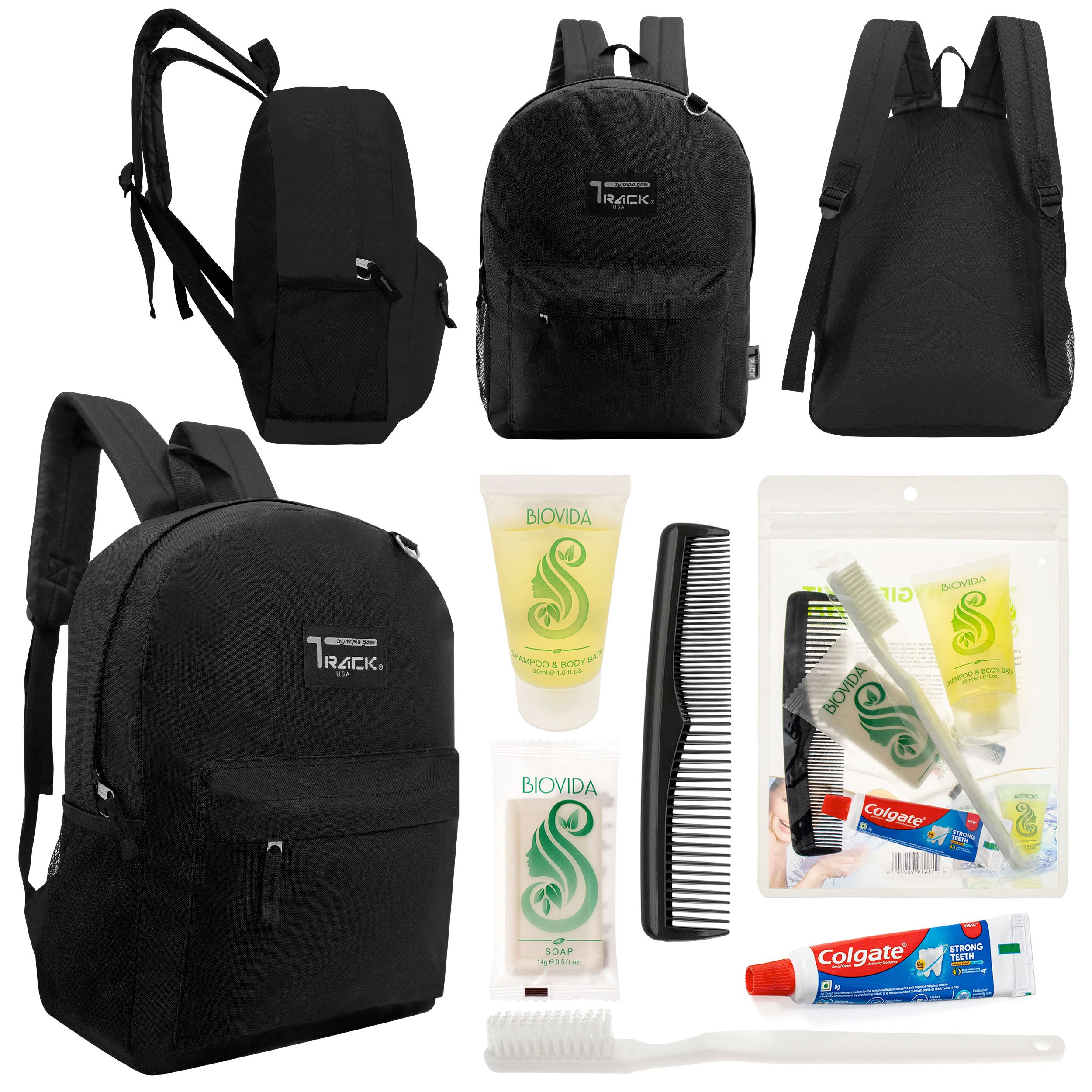 12 Classic 17" Backpacks in Black & Your Choice of 12 Bulk Hygiene Kits - Wholesale Care Package: Homeless, Emergency, Charity