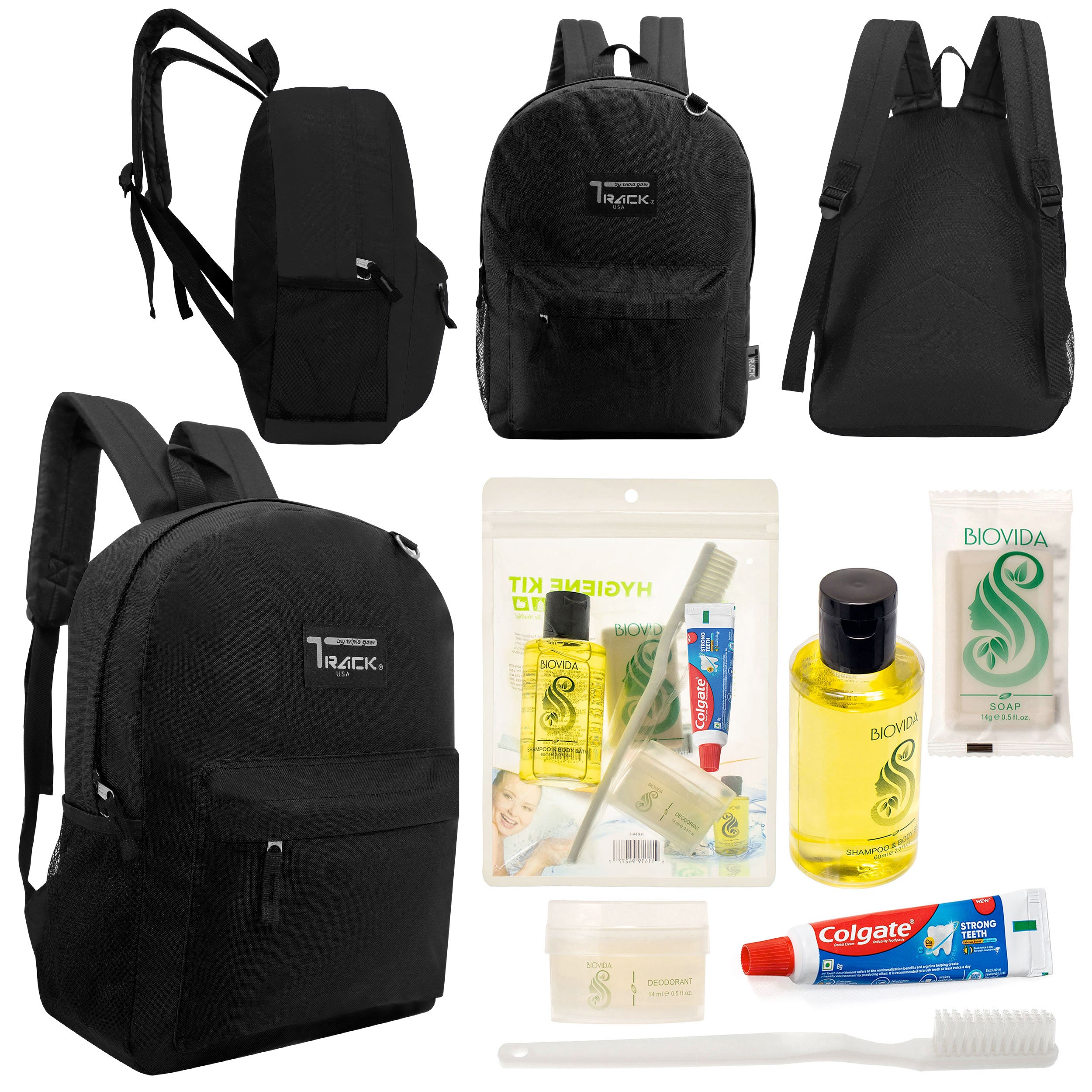 12 Classic 17" Backpacks in Black & Your Choice of 12 Bulk Hygiene Kits - Wholesale Care Package: Homeless, Emergency, Charity