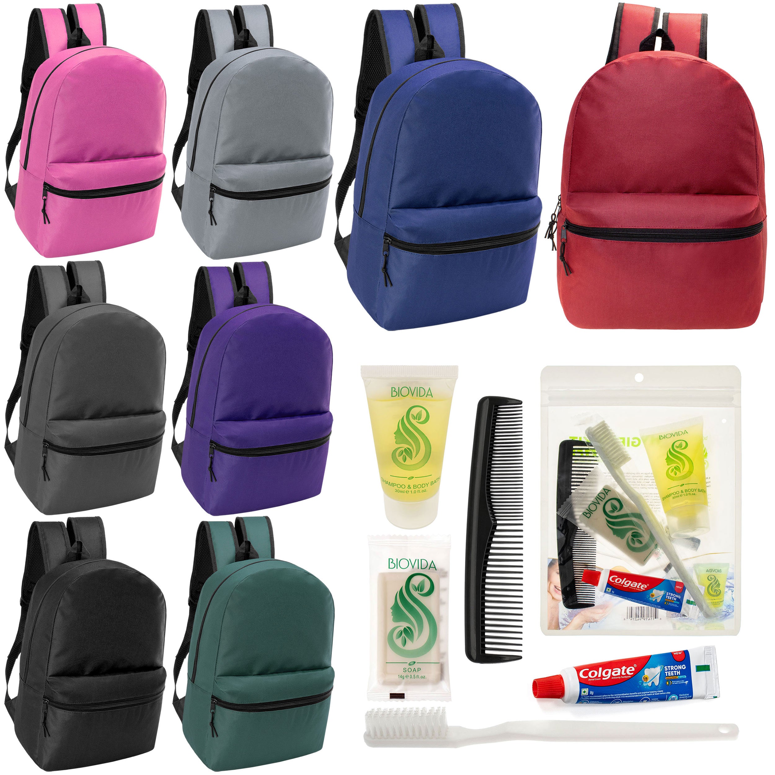 12 Classic 17" Backpacks in 8 Assorted Colors & Your Choice of 12 Bulk Hygiene Kits - Wholesale Care Package: Homeless, Emergency, Charity