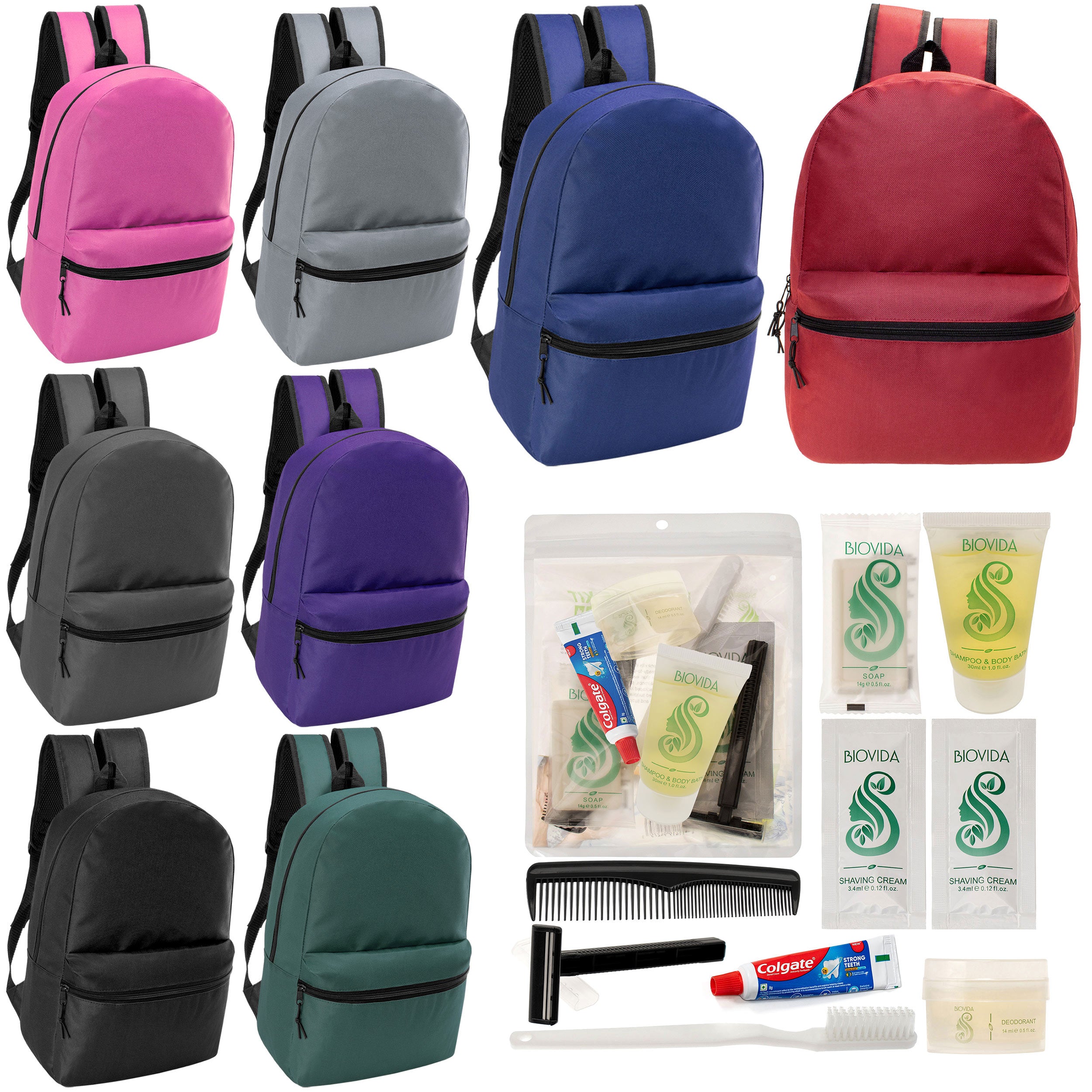 12 Classic 17" Backpacks in 8 Assorted Colors & Your Choice of 12 Bulk Hygiene Kits - Wholesale Care Package: Homeless, Emergency, Charity