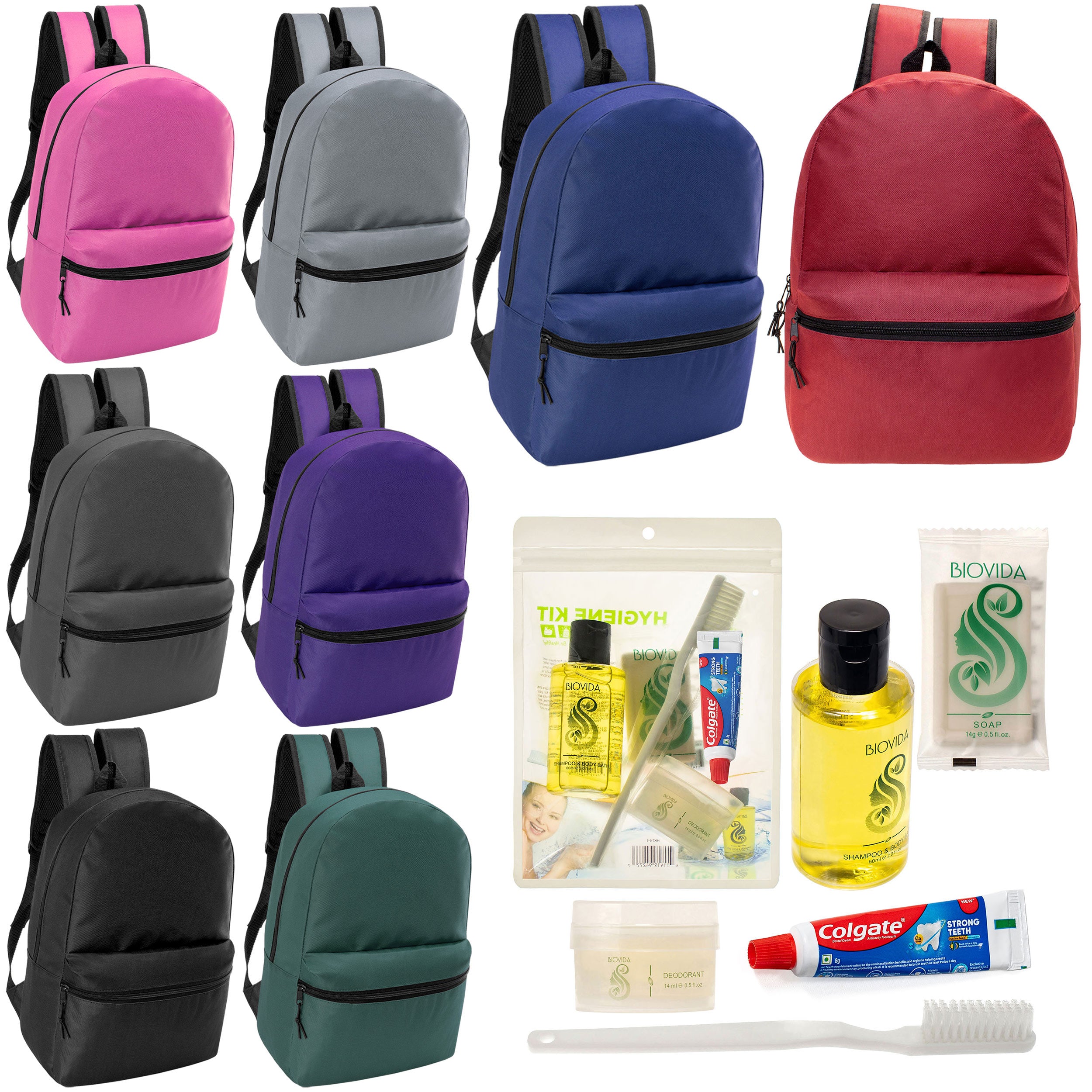 12 Classic 17" Backpacks in 8 Assorted Colors & Your Choice of 12 Bulk Hygiene Kits - Wholesale Care Package: Homeless, Emergency, Charity