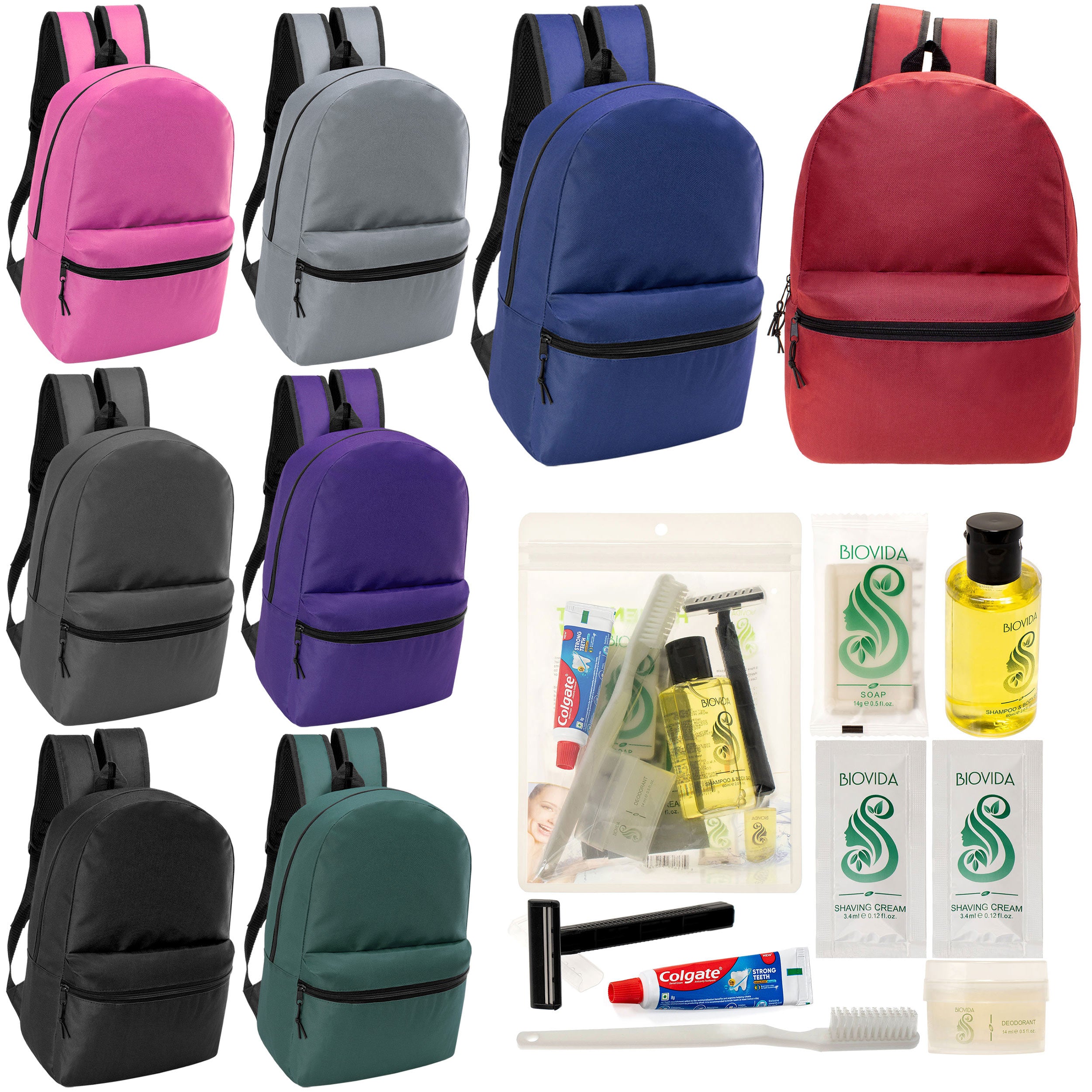 12 Classic 17" Backpacks in 8 Assorted Colors & Your Choice of 12 Bulk Hygiene Kits - Wholesale Care Package: Homeless, Emergency, Charity