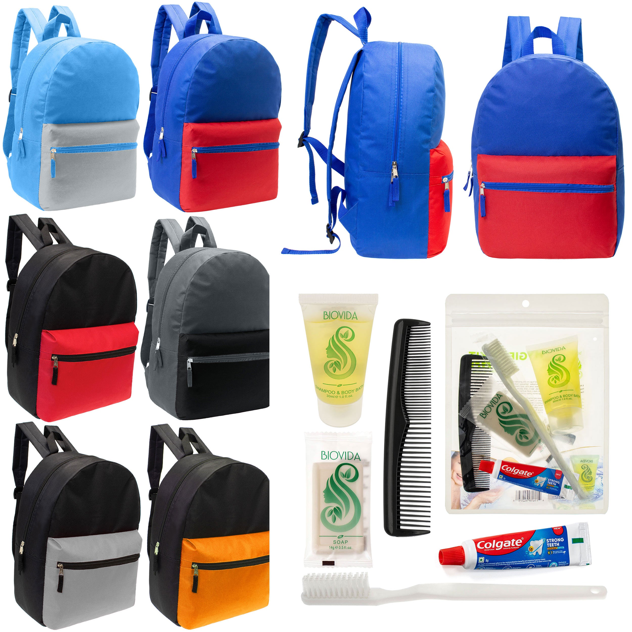 12 17" Classic Backpacks in 6 Two Tone Colors & Your Choice of 12 Bulk Hygiene Kits - Wholesale Care Package: Homeless, Emergency, Charity