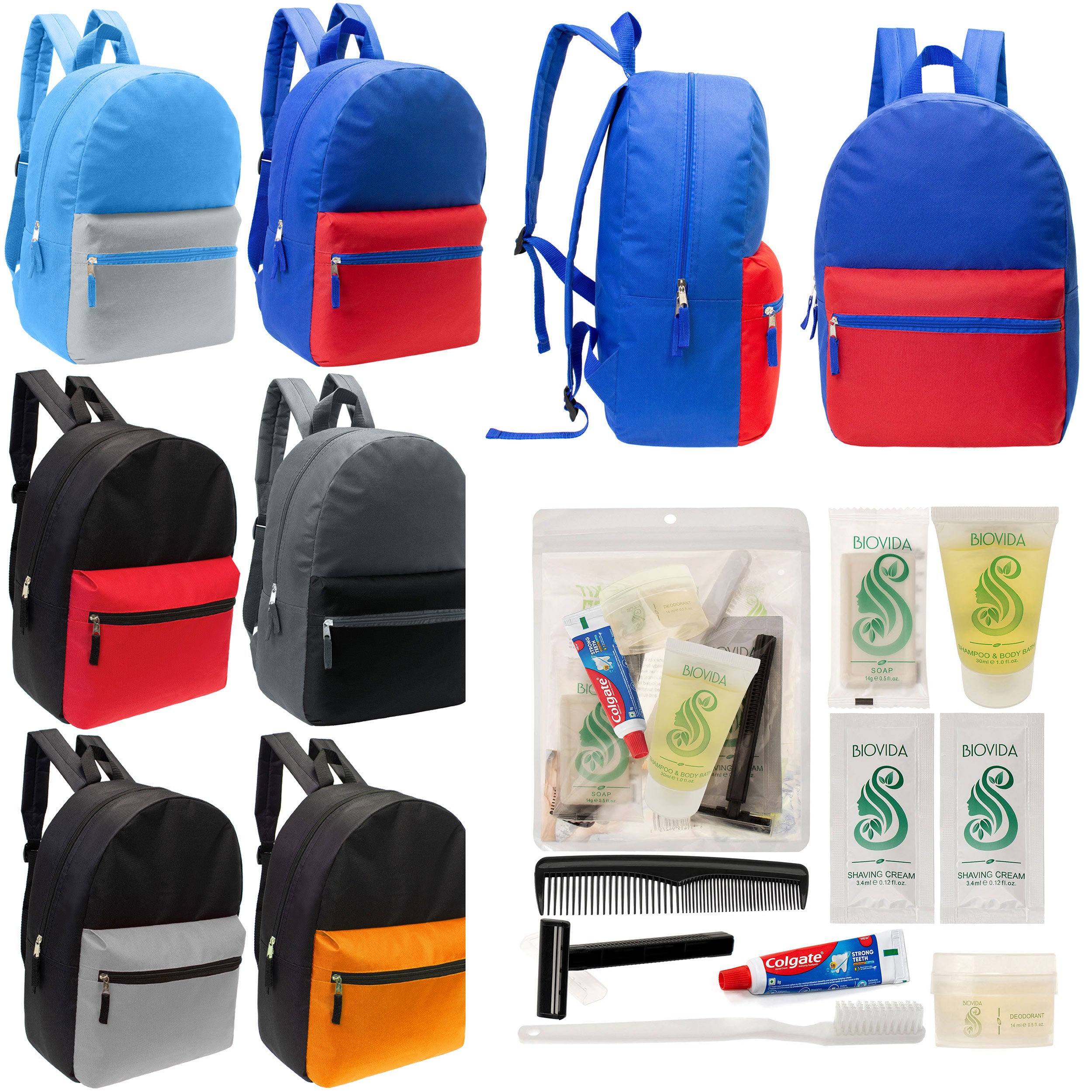 12 17" Classic Backpacks in 6 Two Tone Colors & Your Choice of 12 Bulk Hygiene Kits - Wholesale Care Package: Homeless, Emergency, Charity