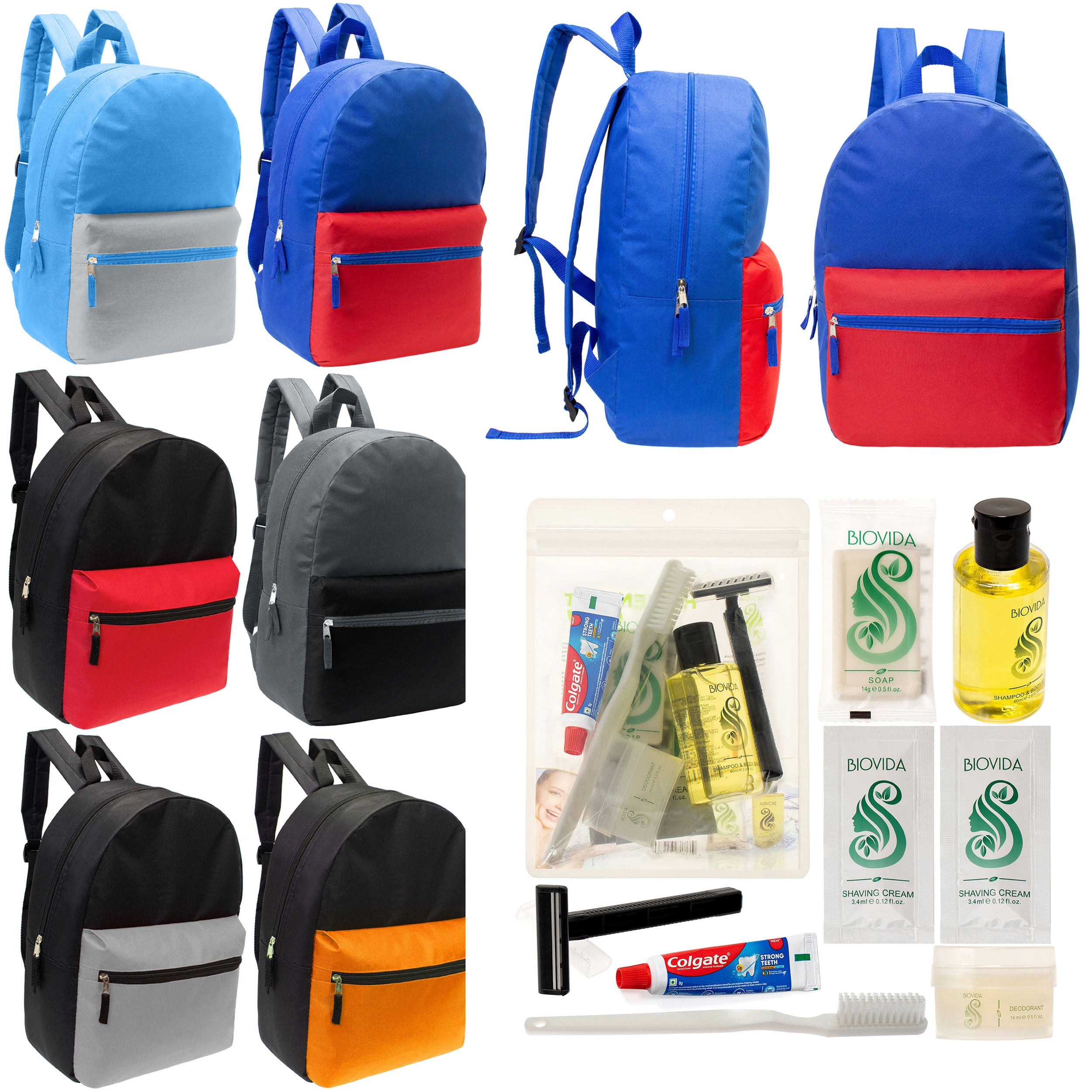 12 17" Classic Backpacks in 6 Two Tone Colors & Your Choice of 12 Bulk Hygiene Kits - Wholesale Care Package: Homeless, Emergency, Charity