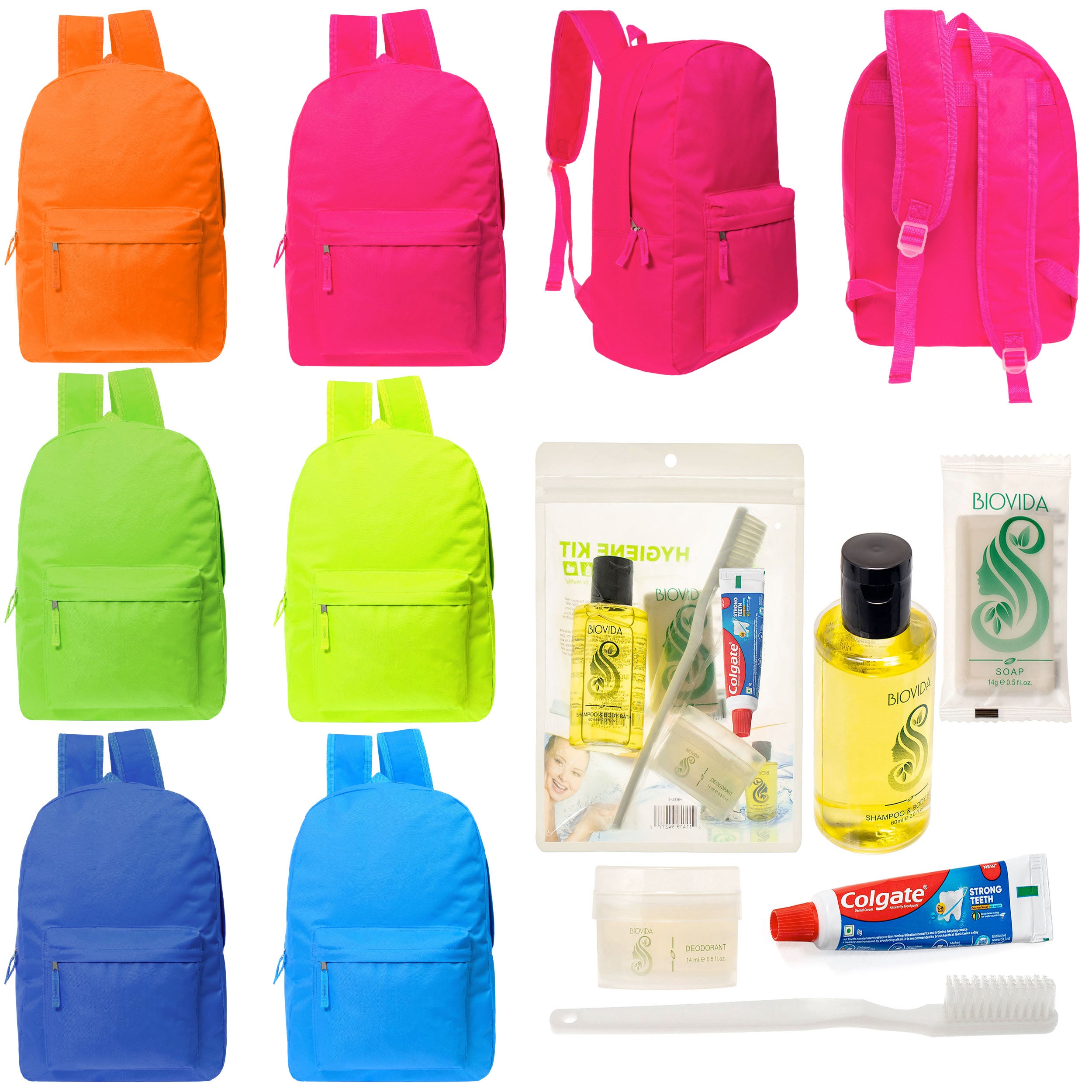 12 Bright Color 17" Backpacks in 6 Colors & Your Choice of 12 Bulk Hygiene Kits - Wholesale Care Package: Homeless, Emergency, Charity