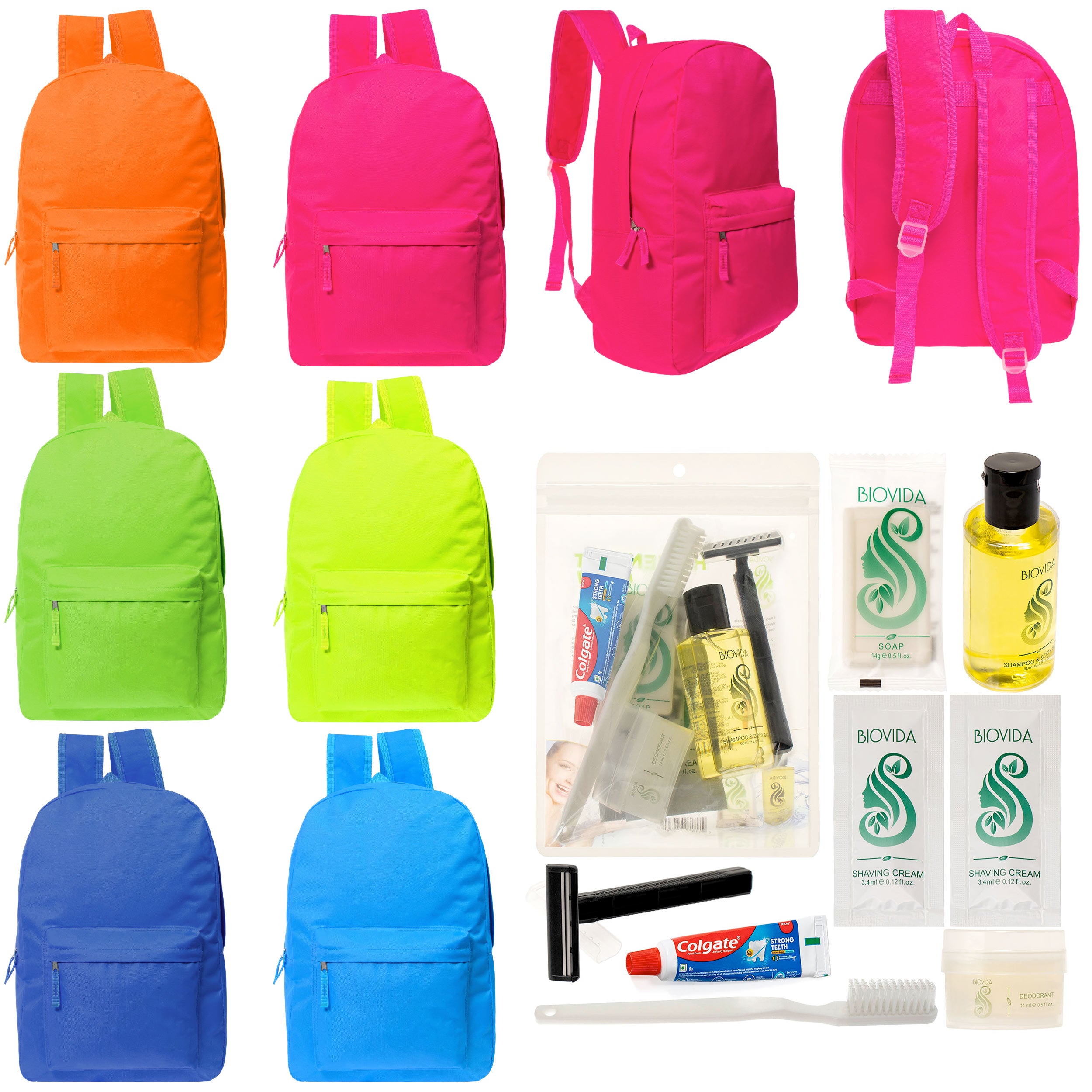 12 Bright Color 17" Backpacks in 6 Colors & Your Choice of 12 Bulk Hygiene Kits - Wholesale Care Package: Homeless, Emergency, Charity