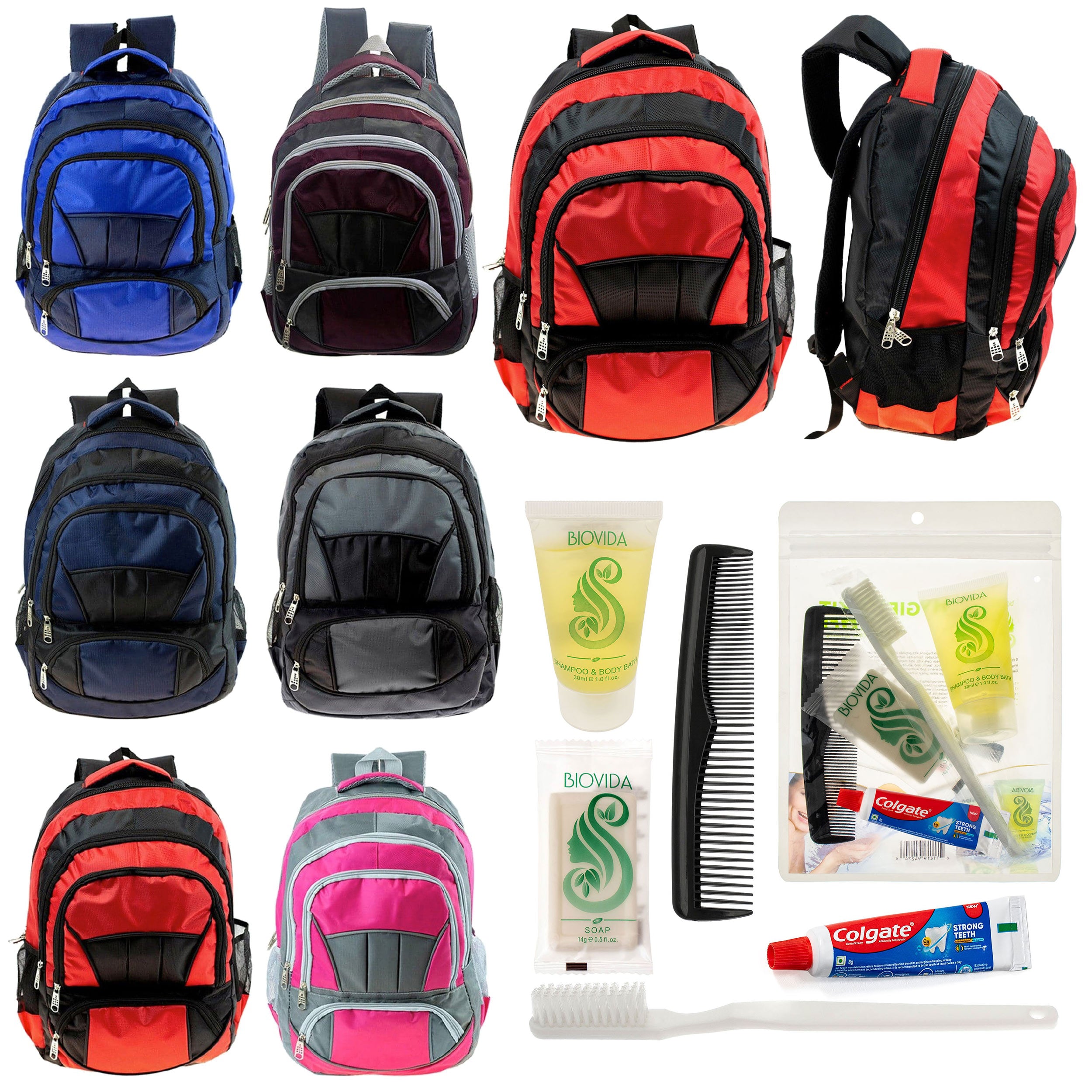 12 Premium 16" Fully Padded Backpacks & Your Choice of 12 Bulk Hygiene Kits - Wholesale Care Package: Homeless, Emergency, Charity