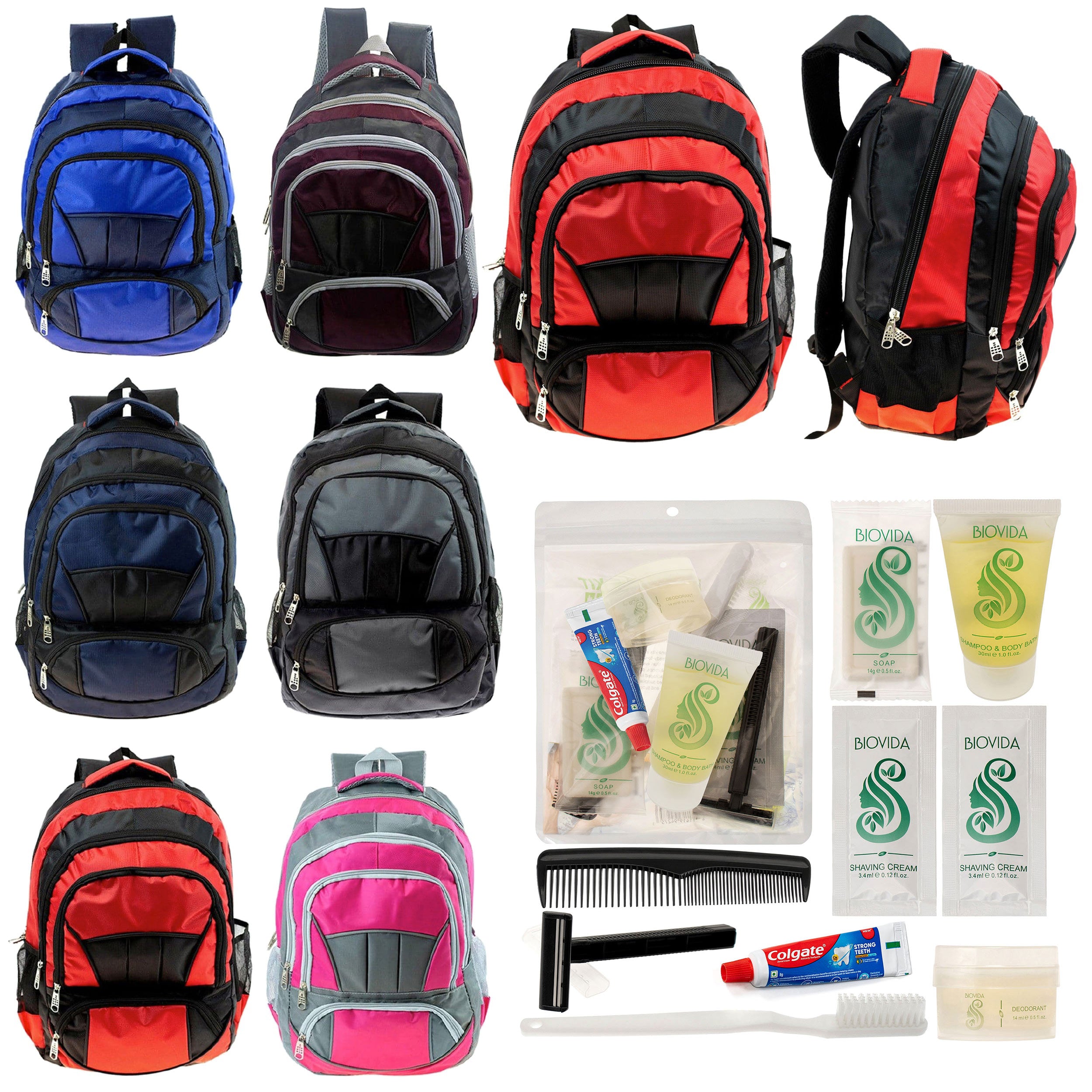 12 Premium 16" Fully Padded Backpacks & Your Choice of 12 Bulk Hygiene Kits - Wholesale Care Package: Homeless, Emergency, Charity