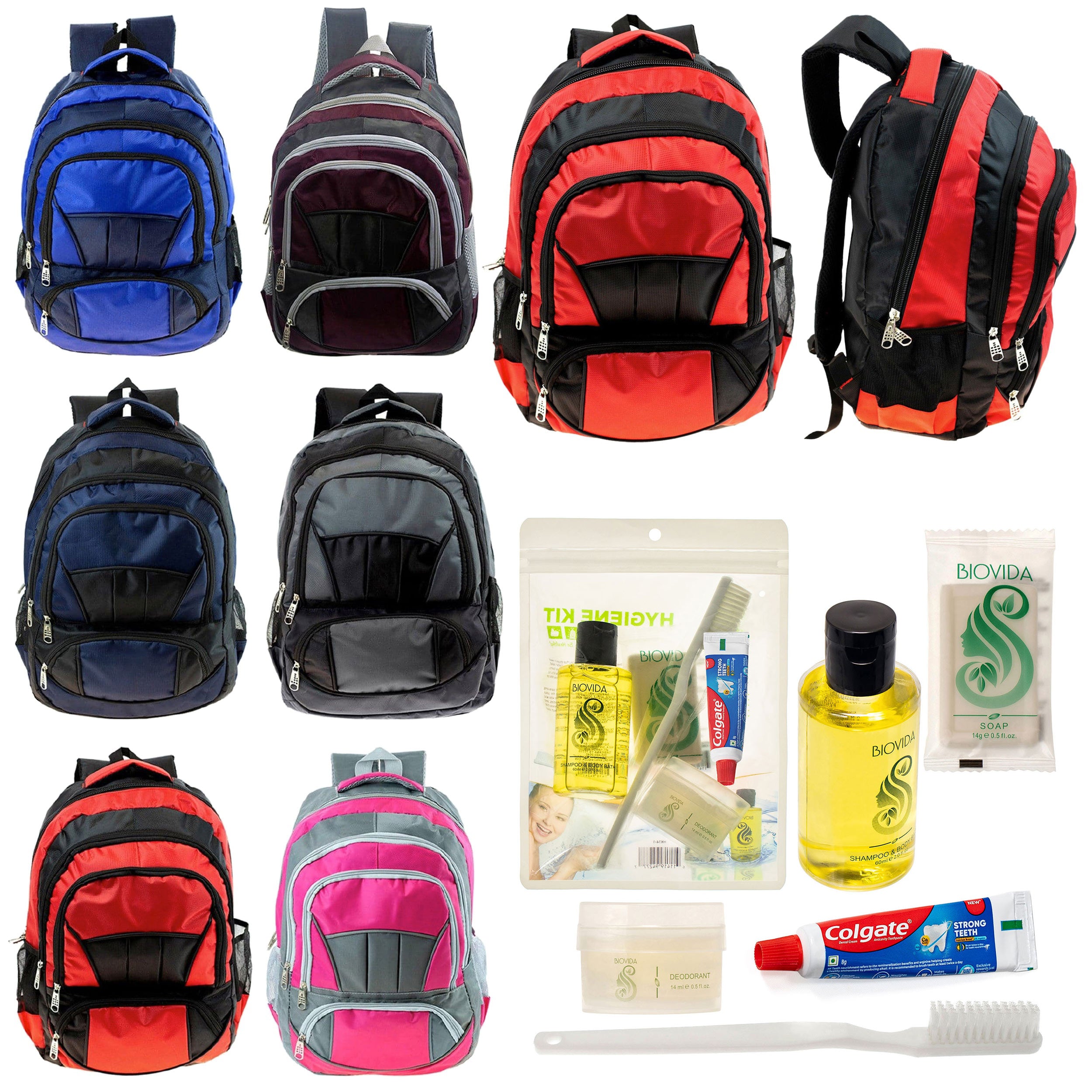 12 Premium 16" Fully Padded Backpacks & Your Choice of 12 Bulk Hygiene Kits - Wholesale Care Package: Homeless, Emergency, Charity