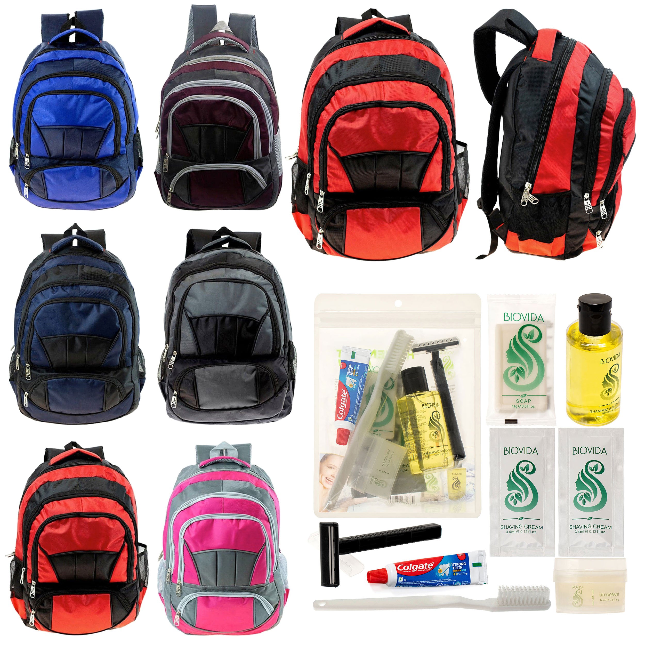 12 Premium 16" Fully Padded Backpacks & Your Choice of 12 Bulk Hygiene Kits - Wholesale Care Package: Homeless, Emergency, Charity