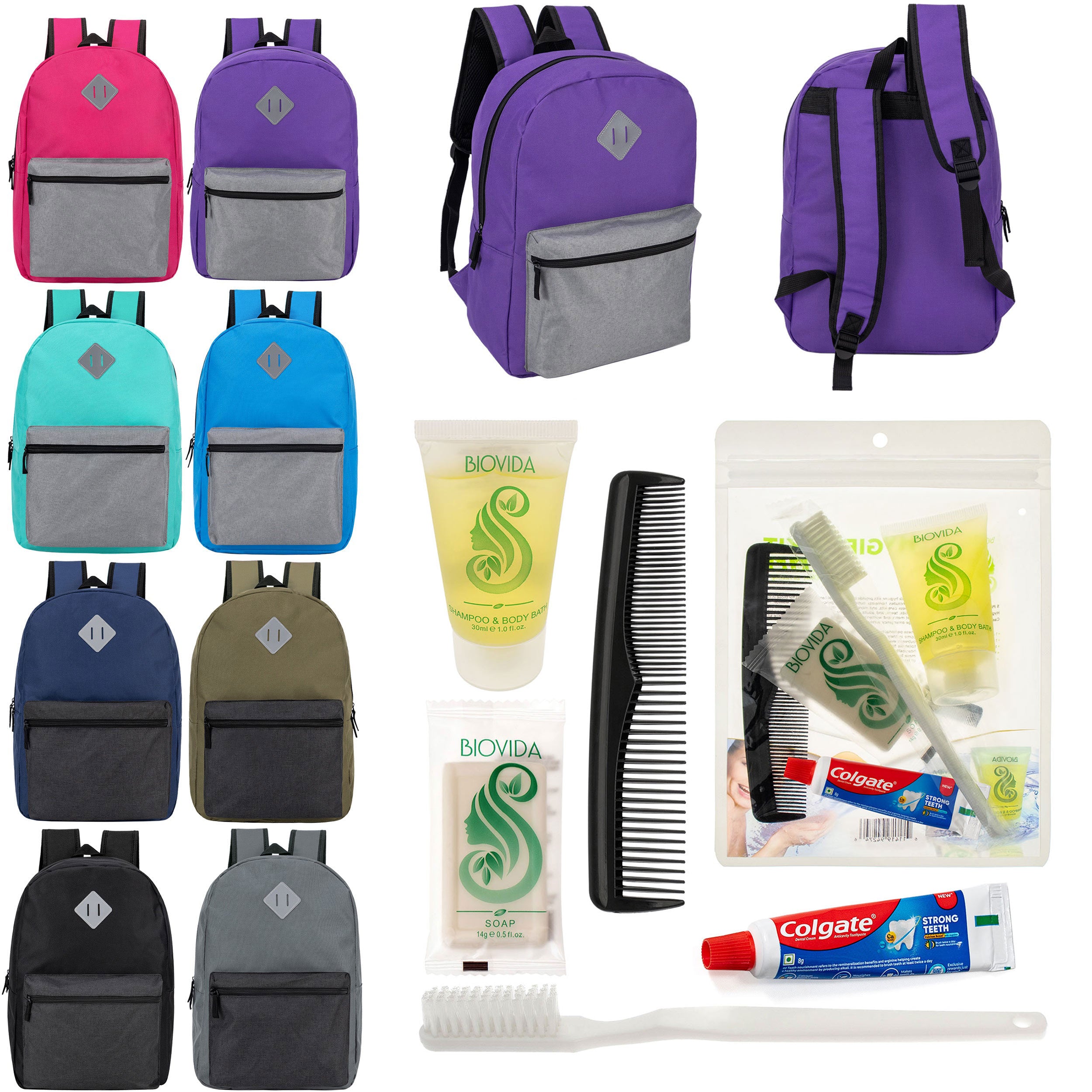 12 Diamond Patch 17" Backpacks in Multi Colors & Your Choice of 12 Bulk Hygiene Kits - Wholesale Care Package: Homeless, Emergency, Charity