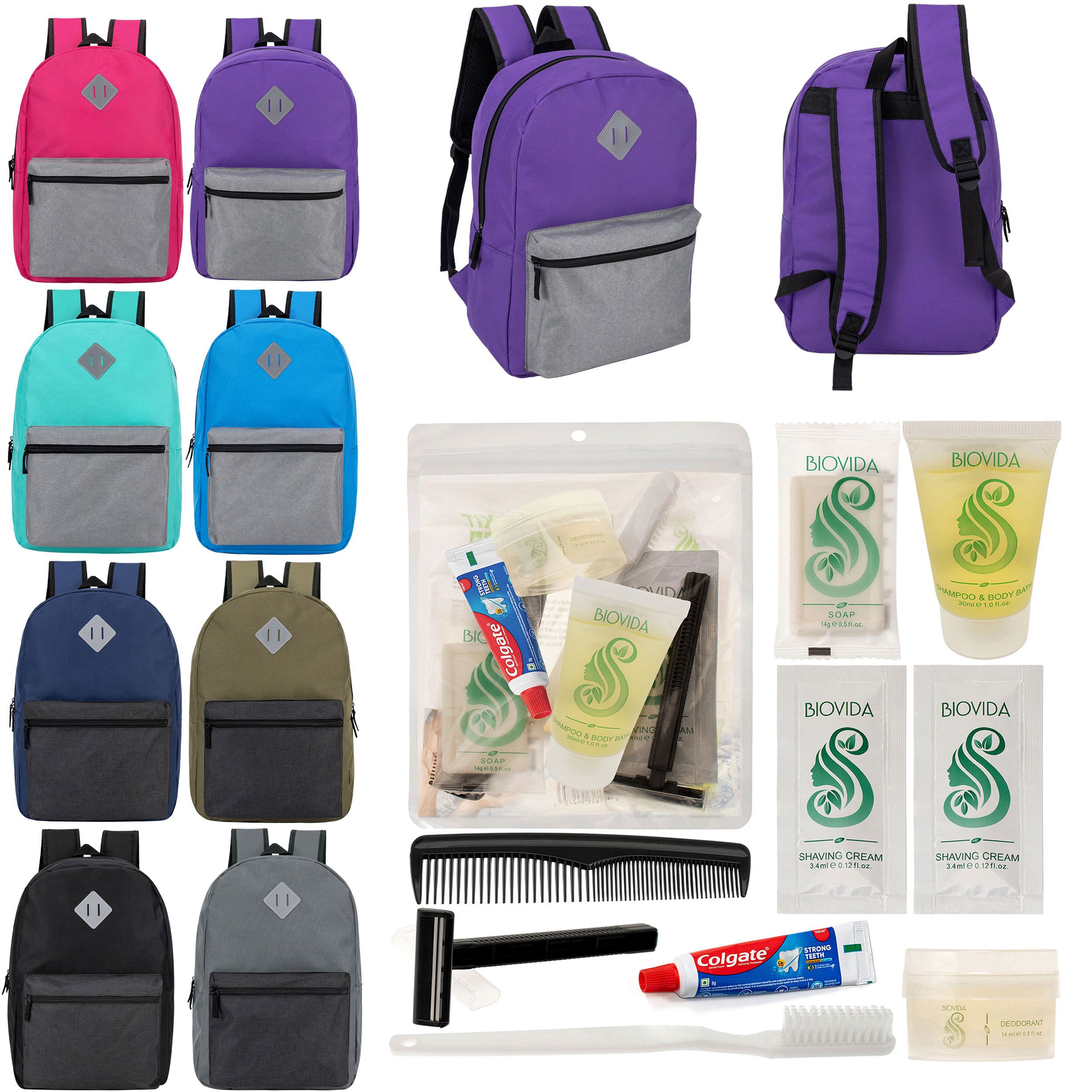 12 Diamond Patch 17" Backpacks in Multi Colors & Your Choice of 12 Bulk Hygiene Kits - Wholesale Care Package: Homeless, Emergency, Charity