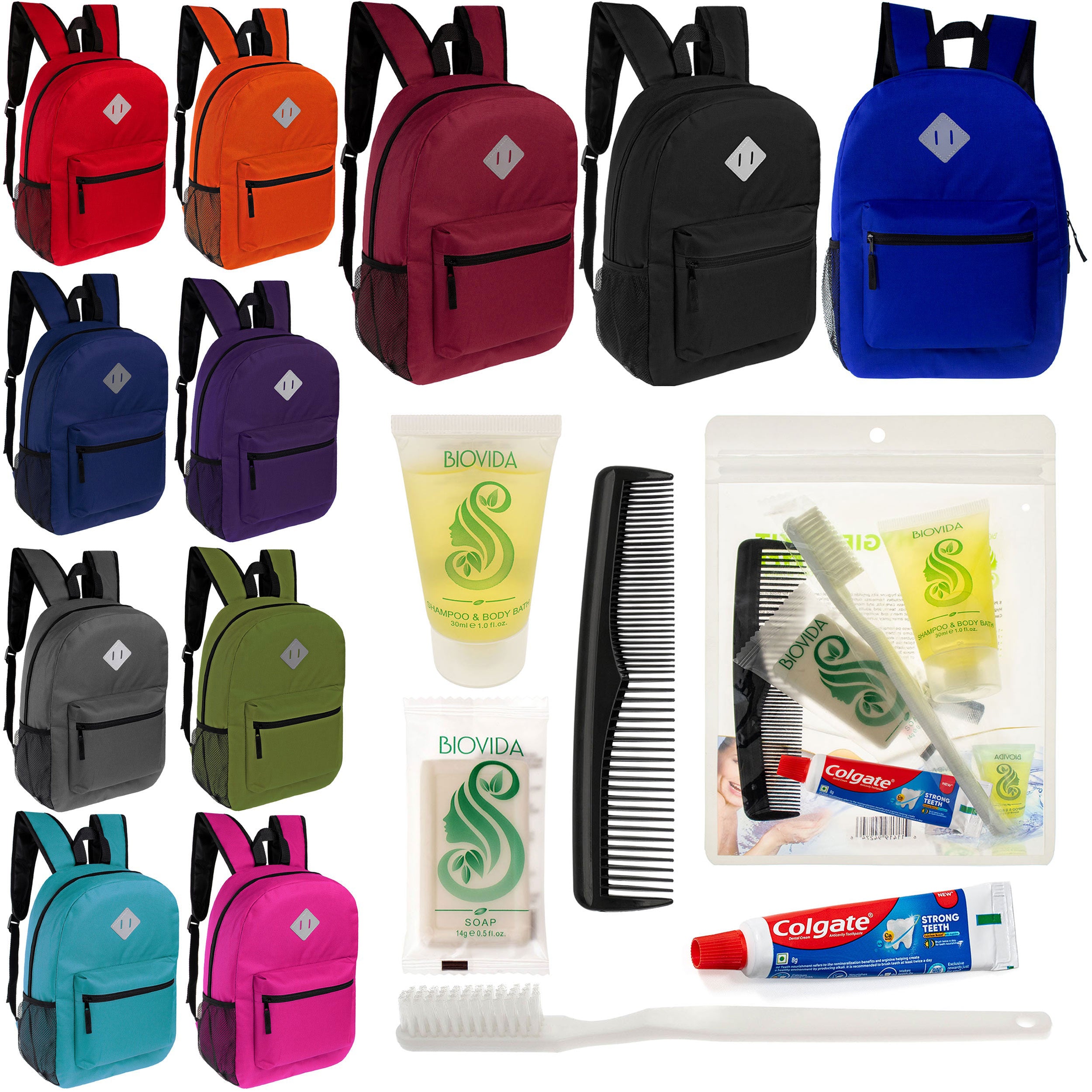 12 Diamond Patch 17" Backpacks in 11 Colors & Your Choice of 12 Bulk Hygiene Kits - Wholesale Care Package: Homeless, Emergency, Charity