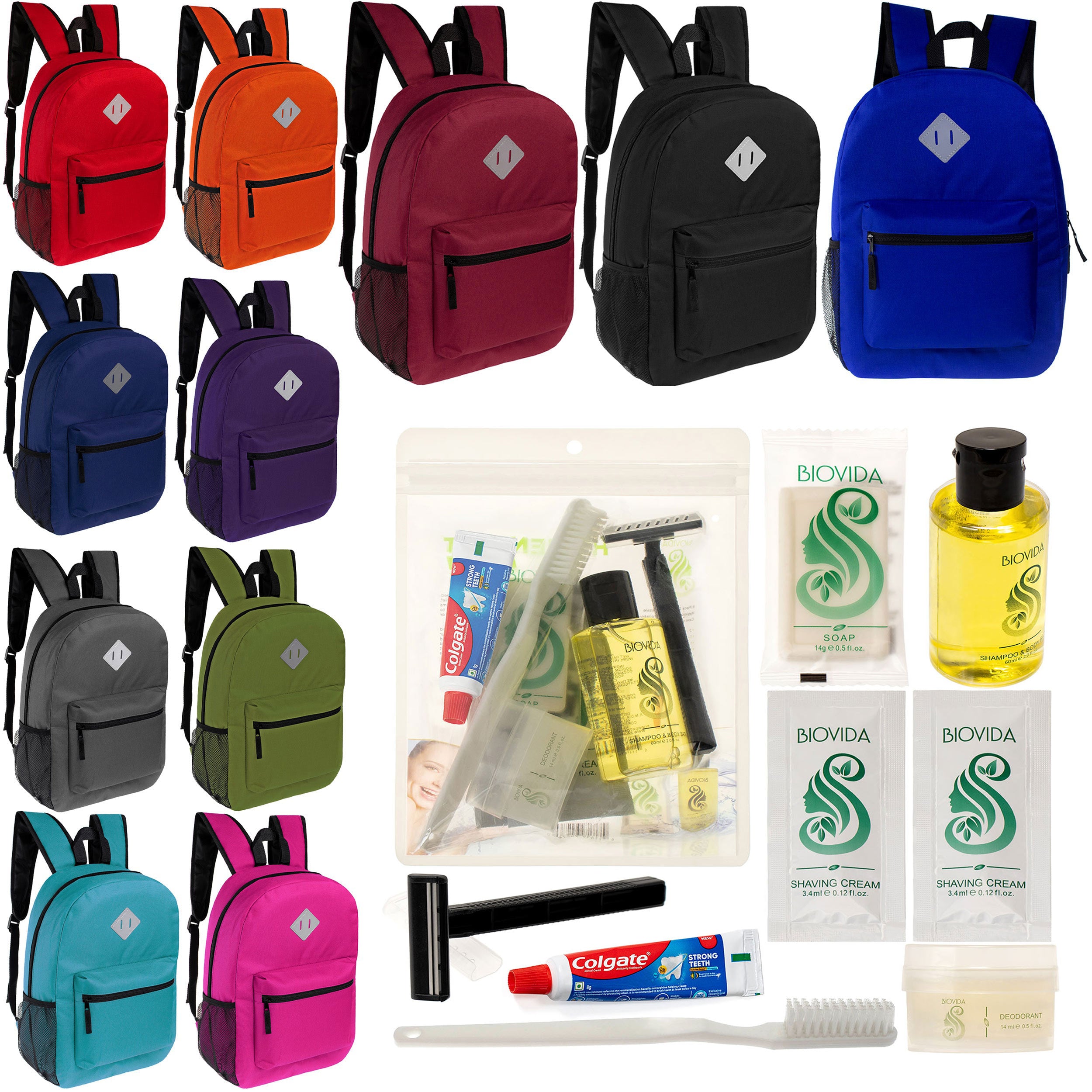 12 Diamond Patch 17" Backpacks in 11 Colors & Your Choice of 12 Bulk Hygiene Kits - Wholesale Care Package: Homeless, Emergency, Charity