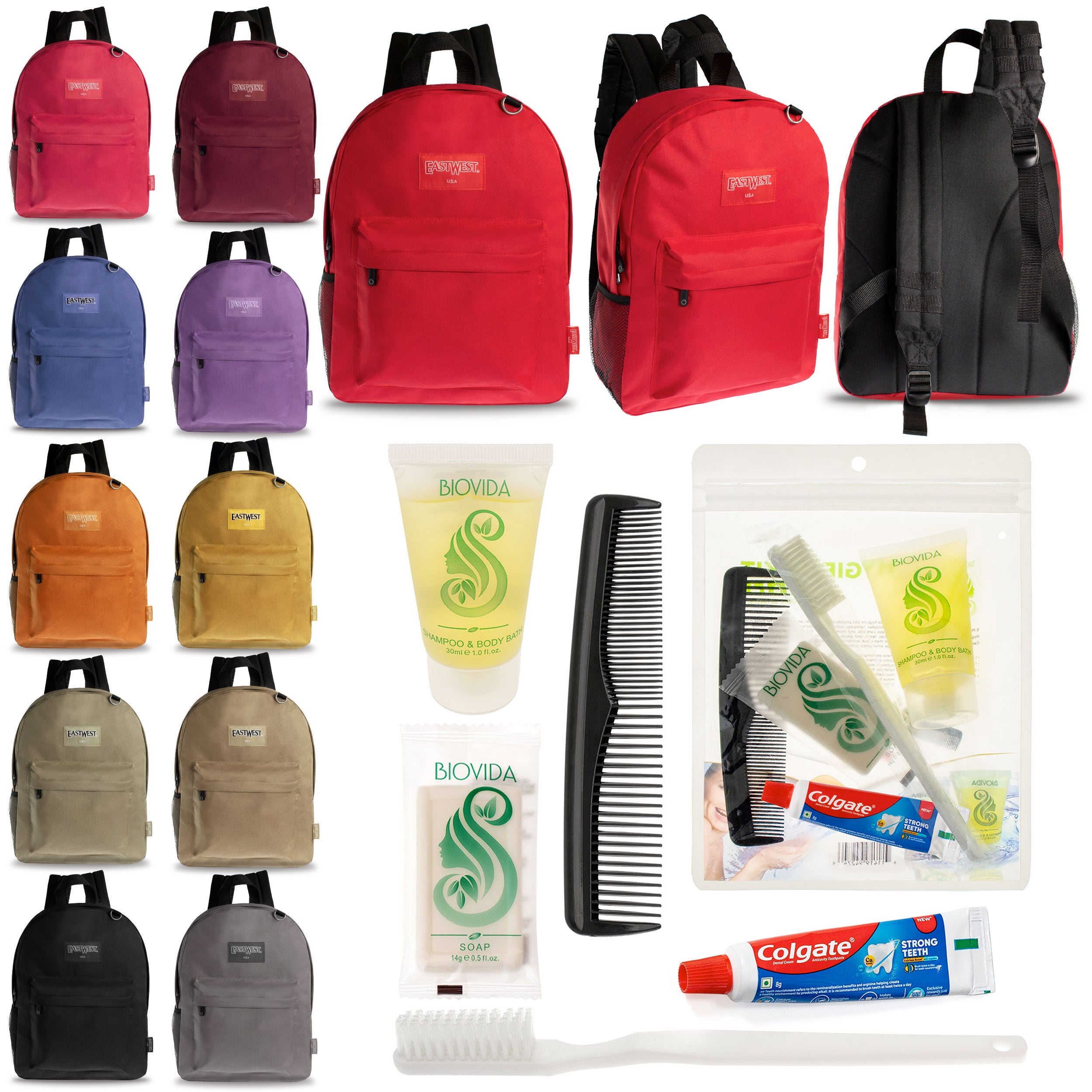 12 Diamond Patch 17" Backpacks in Multi Colors & Your Choice of 12 Bulk Hygiene Kits - Wholesale Care Package: Homeless, Emergency, Charity