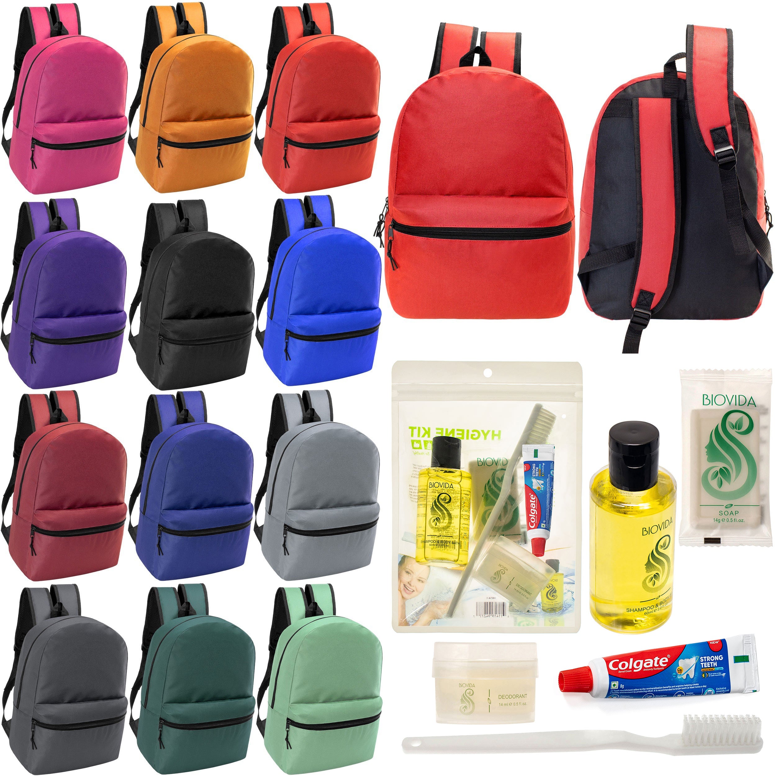 12 Basic 18.5" Backpacks in 12 Assorted Colors & Your Choice of 12 Bulk Hygiene Kits - Wholesale Care Package: Homeless, Emergency, Charity