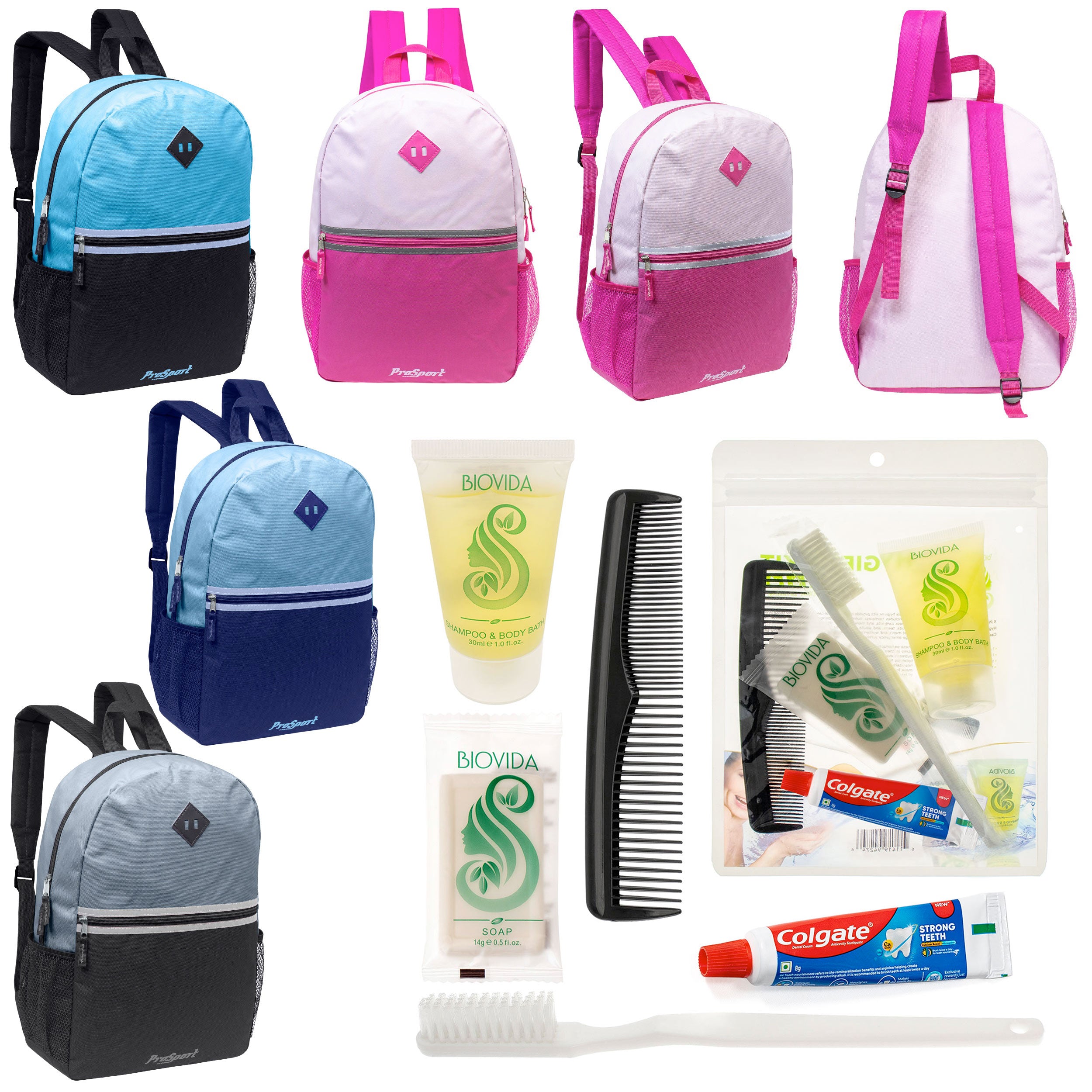 12 Multi-Color Diamond Patch Backpacks w/Accent Trim & Your Choice of 12 Bulk Hygiene Kits - Wholesale Care Package: Homeless, Emergency, Charity