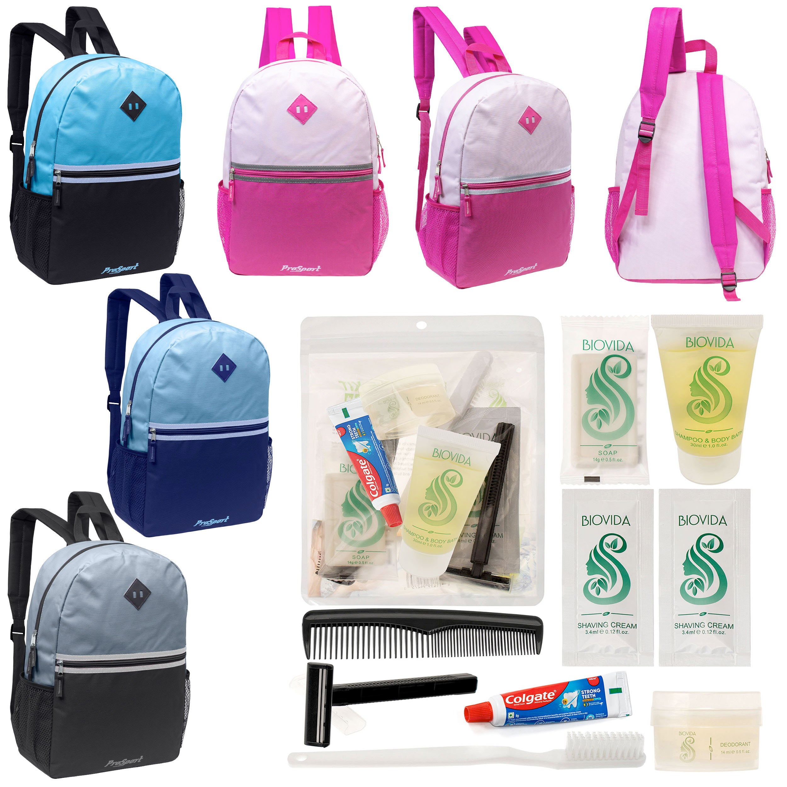 12 Multi-Color Diamond Patch Backpacks w/Accent Trim & Your Choice of 12 Bulk Hygiene Kits - Wholesale Care Package: Homeless, Emergency, Charity