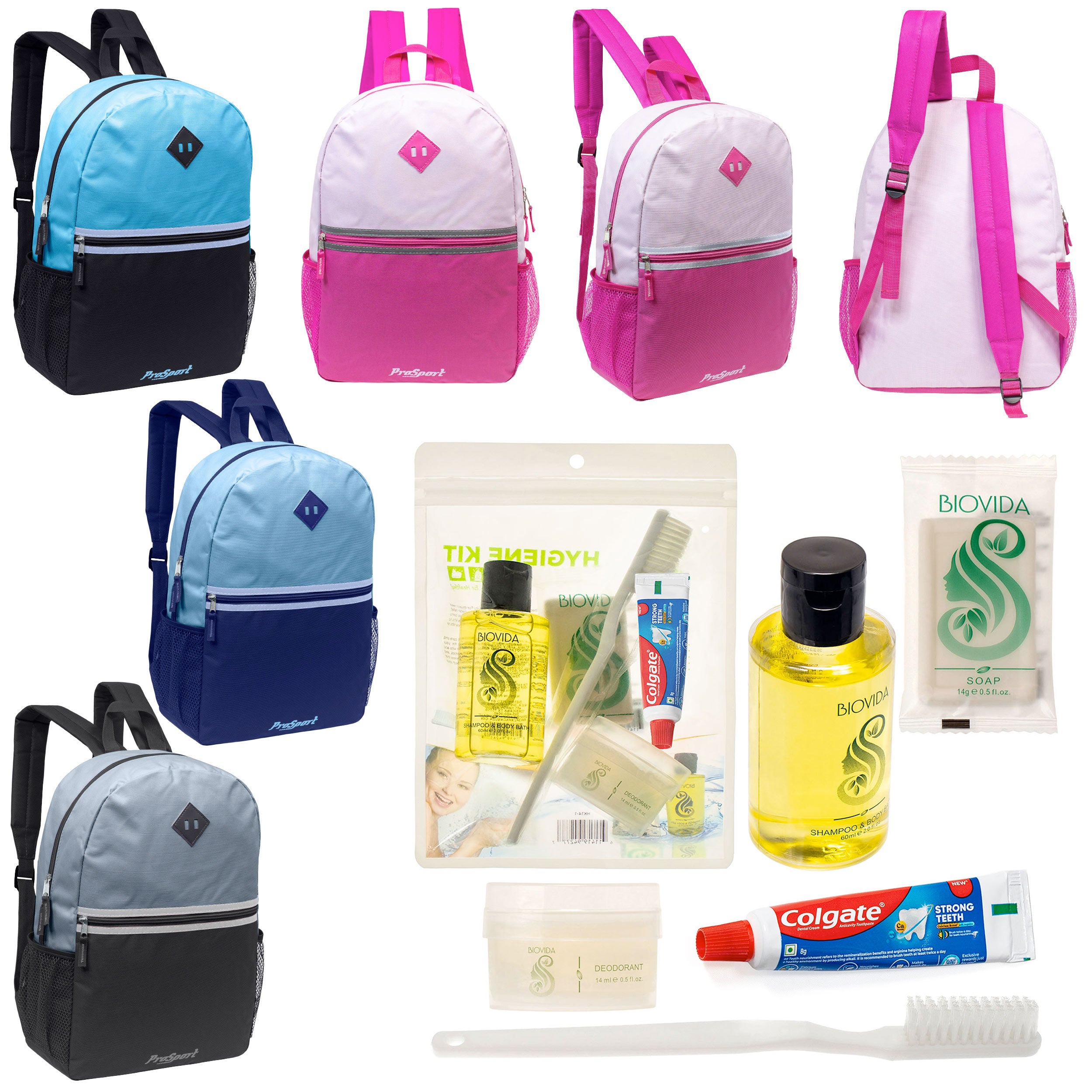 12 Multi-Color Diamond Patch Backpacks w/Accent Trim & Your Choice of 12 Bulk Hygiene Kits - Wholesale Care Package: Homeless, Emergency, Charity