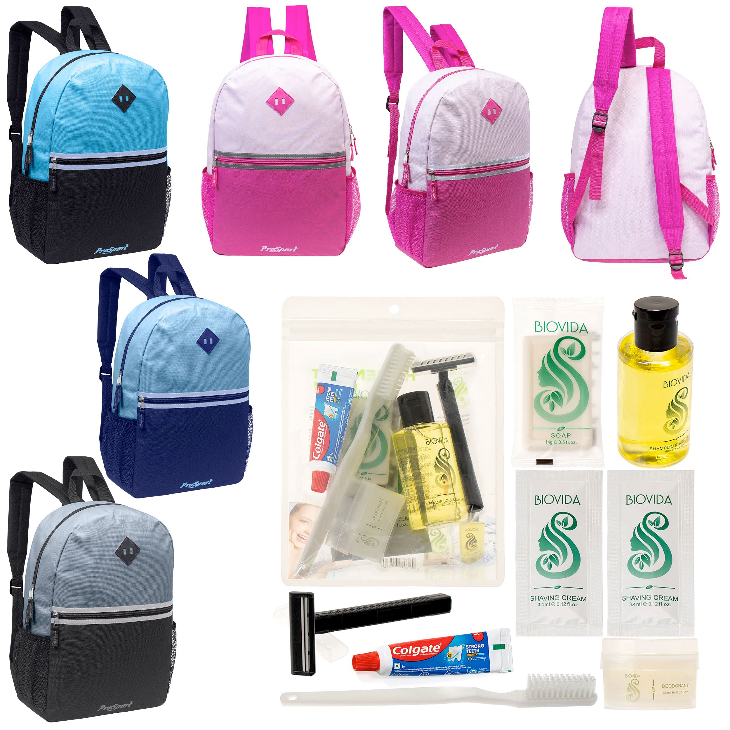 12 Multi-Color Diamond Patch Backpacks w/Accent Trim & Your Choice of 12 Bulk Hygiene Kits - Wholesale Care Package: Homeless, Emergency, Charity