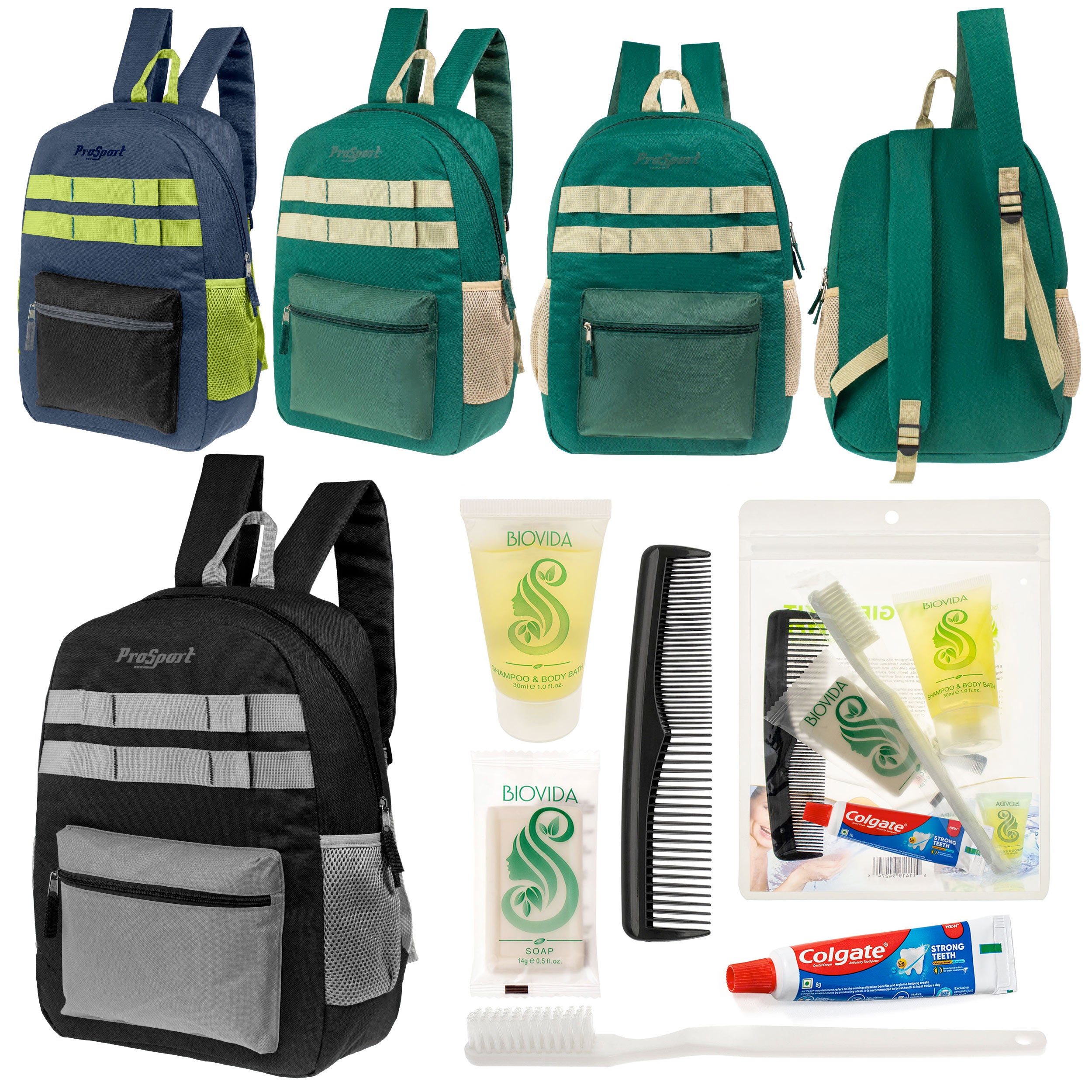 12 Multi-Color 17" Backpacks w/Accent Trim & Your Choice of 12 Bulk Hygiene Kits - Wholesale Care Package: Homeless, Emergency, Charity