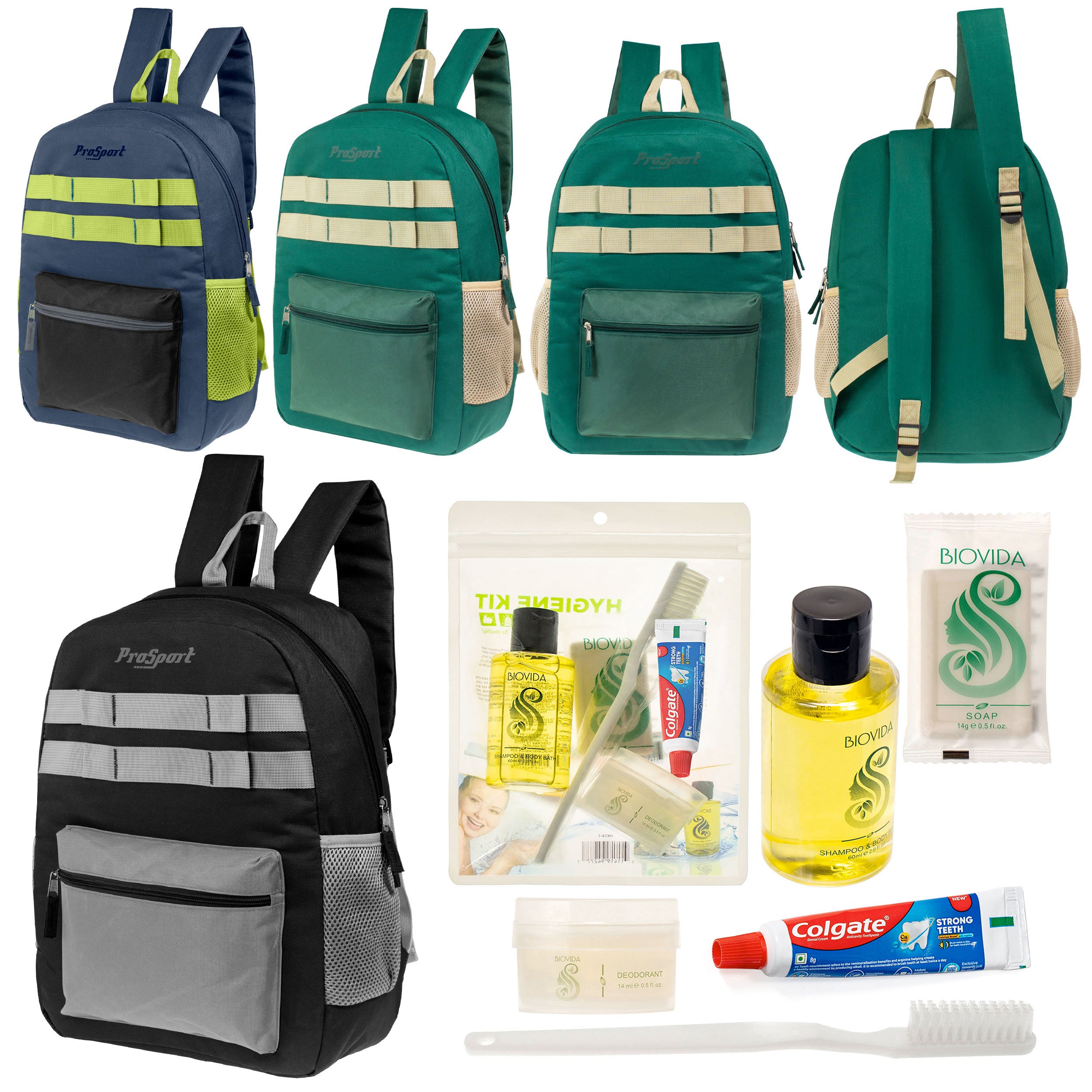 12 Multi-Color 17" Backpacks w/Accent Trim & Your Choice of 12 Bulk Hygiene Kits - Wholesale Care Package: Homeless, Emergency, Charity