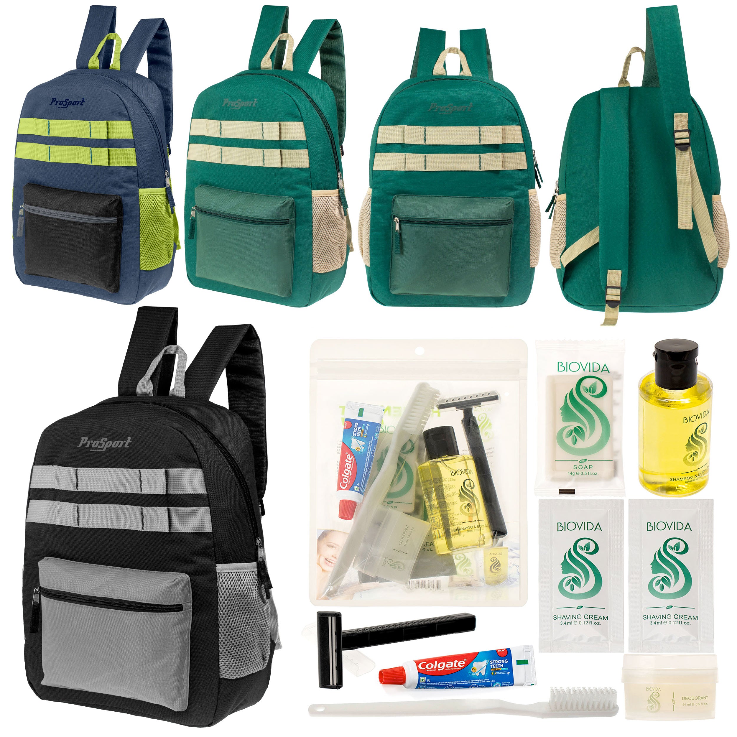 12 Multi-Color 17" Backpacks w/Accent Trim & Your Choice of 12 Bulk Hygiene Kits - Wholesale Care Package: Homeless, Emergency, Charity