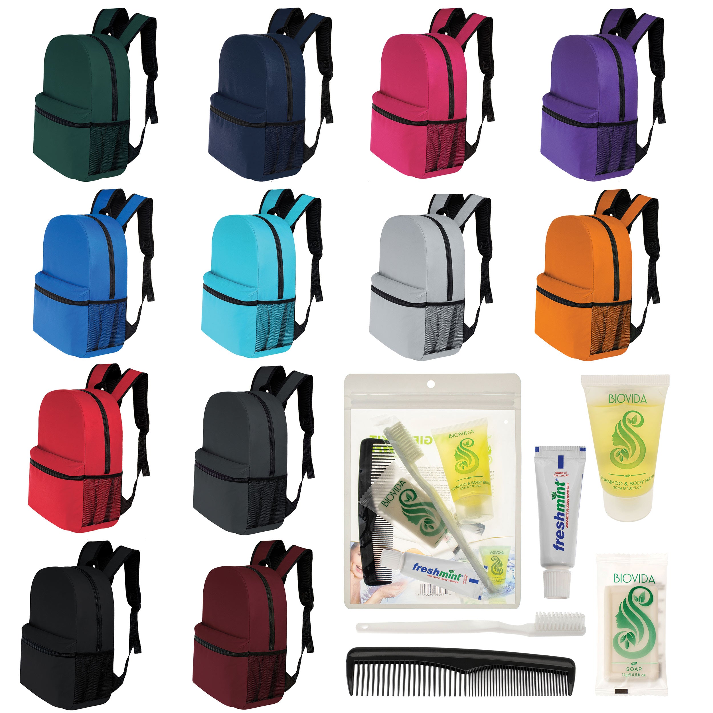 12 Basic 17" Backpacks in 12 Colors with a Side Pocket & Your Choice of 12 Bulk Hygiene Kits - Wholesale Care Package: Homeless, Emergency, Charity
